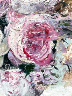 Porzellanvase „Vase mit Blüten“ mit rosa und weißen Blumen, Ölgemälde, Leinen