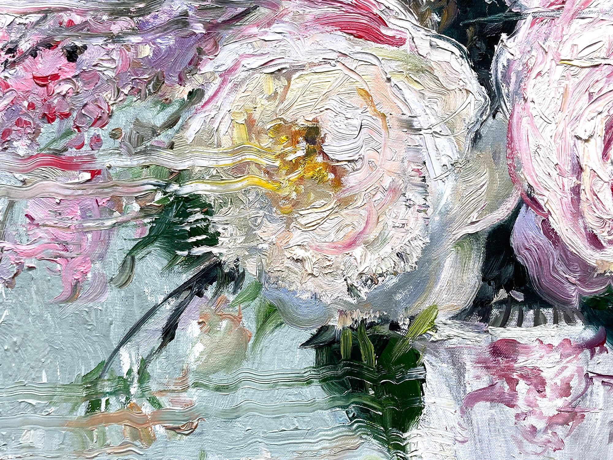 An impressionistic depiction of a porcelain vase with a burst of white, purple, light red and pink flowers exploding with color and bold marks. Alfaro bridges the Baroque cultural movement onto his canvases with precision, juxtaposing a romanticized