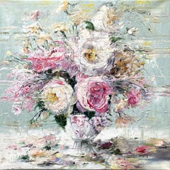 "Vase with Blooms" Porcelain Vase with Pink & White Flowers Oil Painting Linen