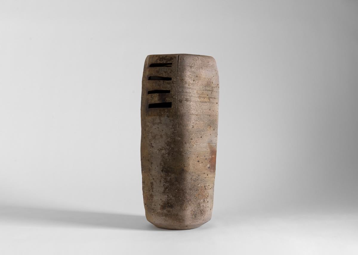 French Eric Astoul, Grand cylindre ajouré, La Borne, Sculptural Vase, France, 2000 For Sale