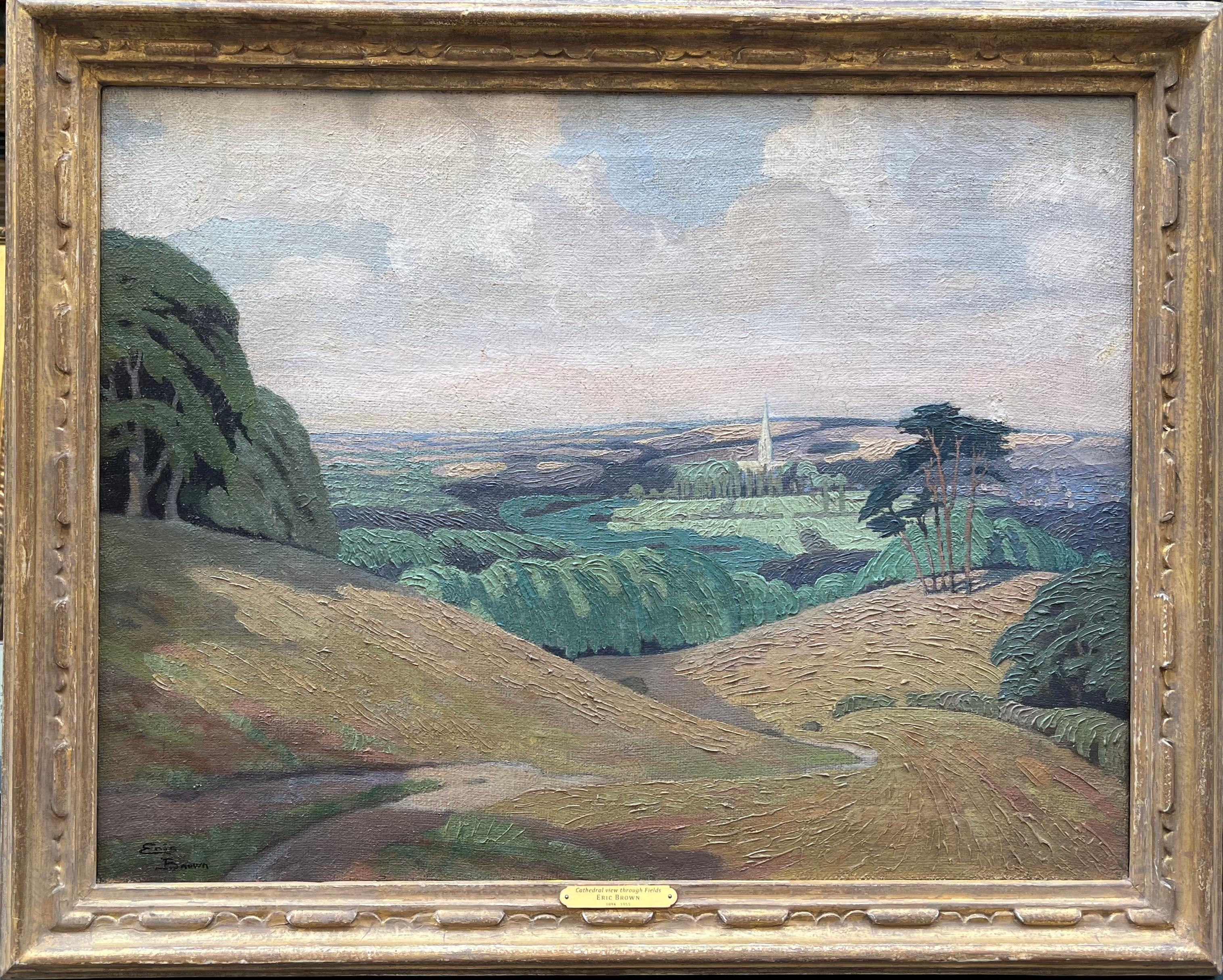 Eric Brown
Vista sulla cattedrale attraverso i campi
1894-1955
Olio su tela, firmato in basso a sinistra
Dimensioni immagine: 20 x 26 ¼ pollici (50,5 x 66,5 cm)
Cornice dorata intagliata a mano

Brown è nato nel 1894 a Salisbury. Suo padre era
