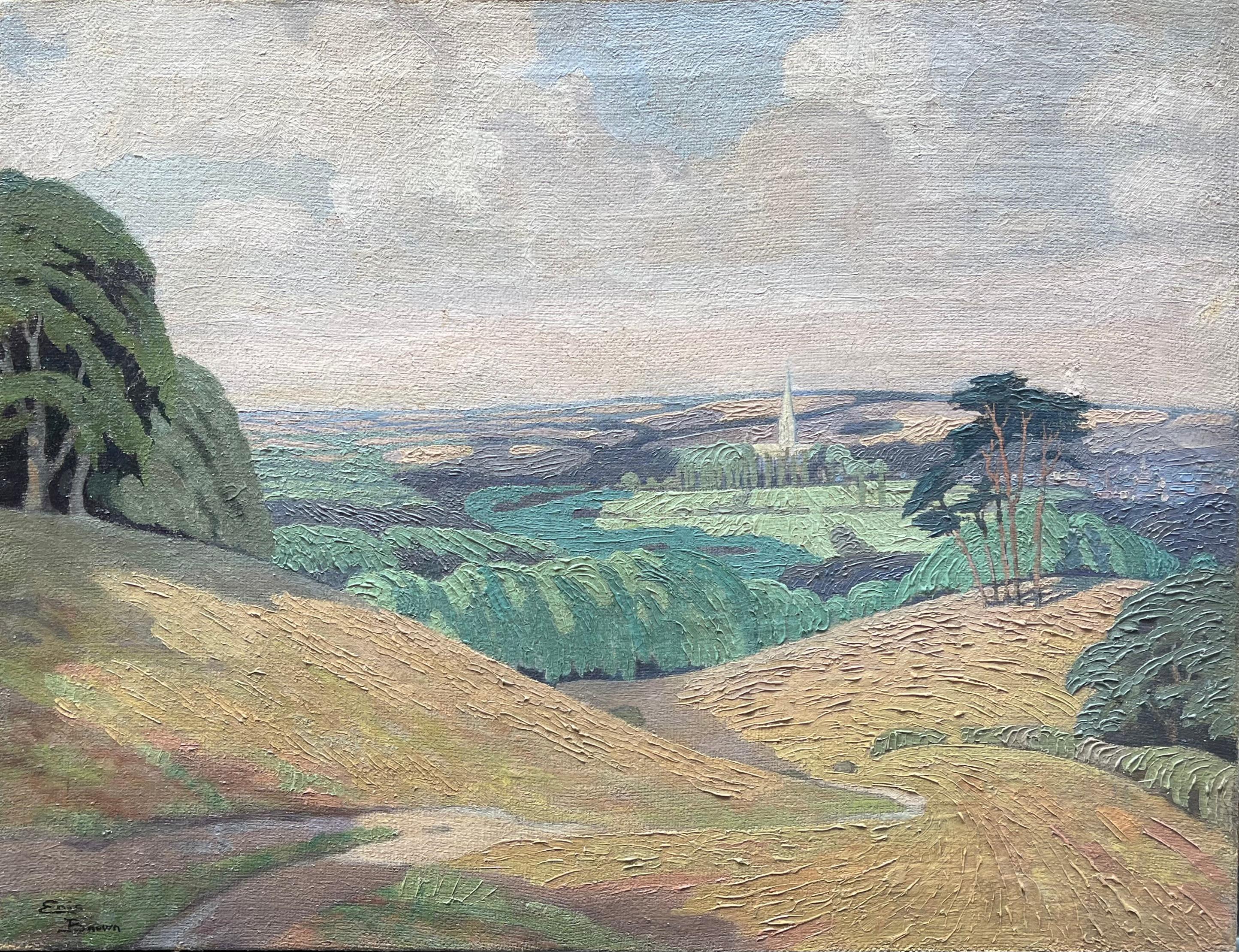 Vista sulla cattedrale attraverso i campi - Painting di Eric Brown