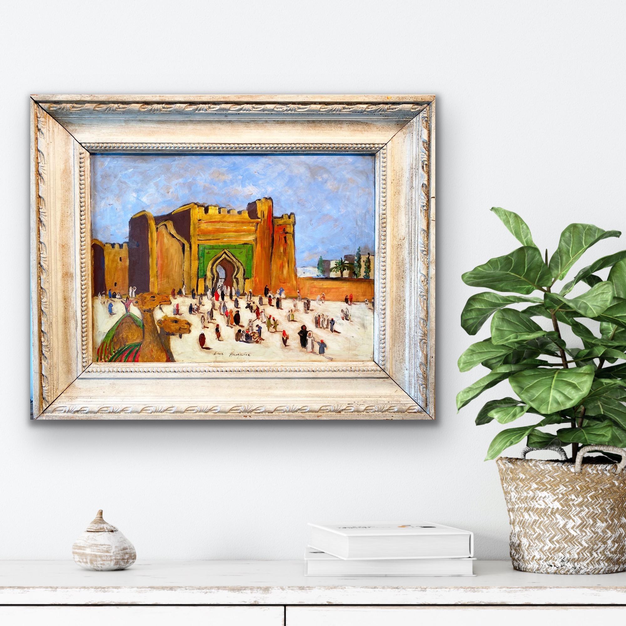 Antique oriental Cityscape painting with a camel - Morocco - Figurative Exotic - Painting by Eric Bruguère