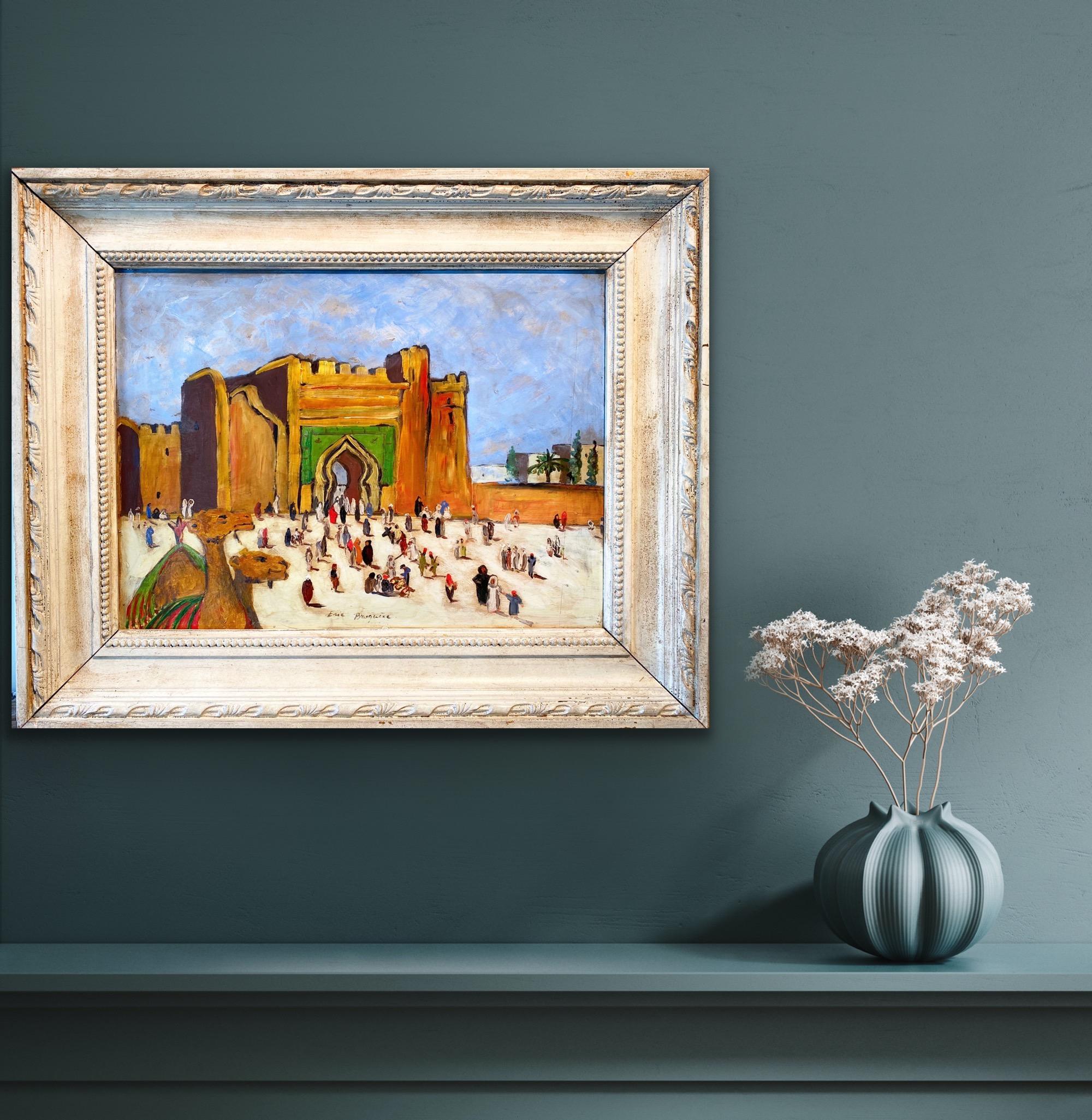 Antique oriental Cityscape painting with a camel - Morocco - Figurative Exotic - Beige Landscape Painting by Eric Bruguère