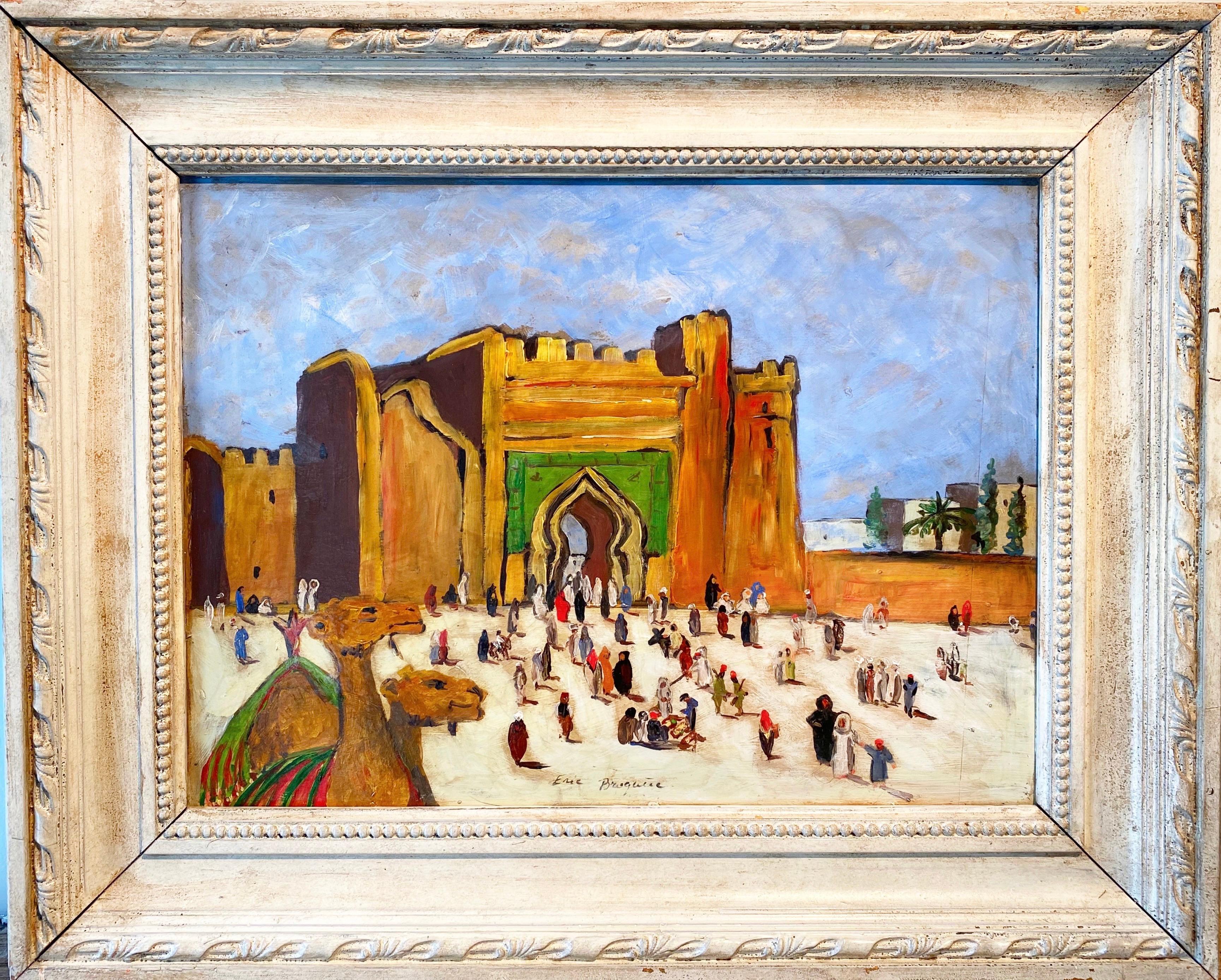 Eric Bruguère Landscape Painting - Antique oriental Cityscape painting with a camel - Morocco - Figurative Exotic