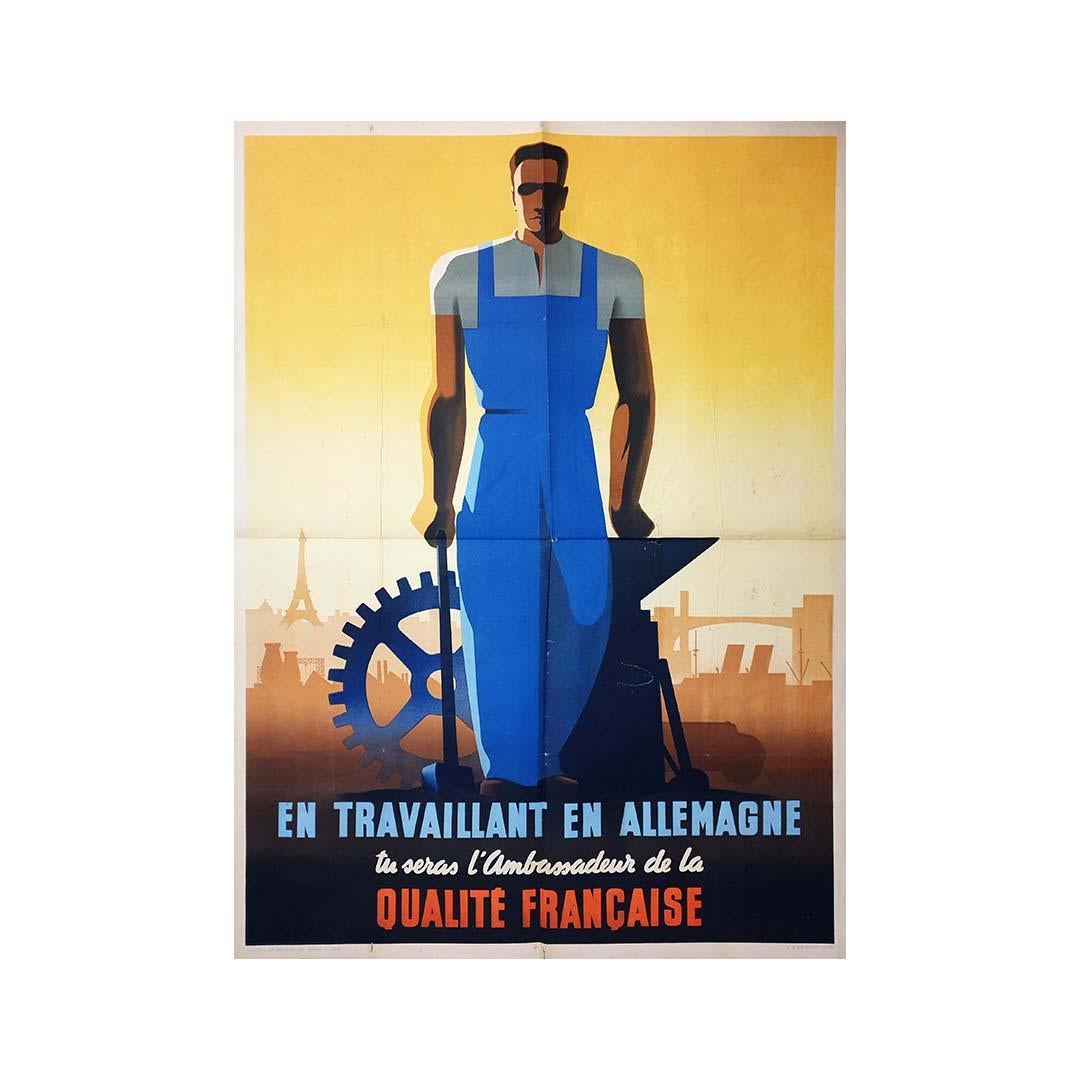 1943 Originales französisches Propagandaplakat aus dem Zweiten Weltkrieg – Arbeit in Nazi-Deutschland – Print von Eric Castel