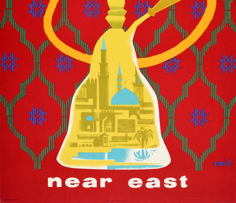 Original Vintage Poster Air France Near East Hookah Smoking Pipe Travel Design - Red Print by Eric Castel