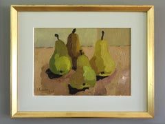 1964 Mid Century Modern Vintage Original Stillleben Ölgemälde - Birnenernte