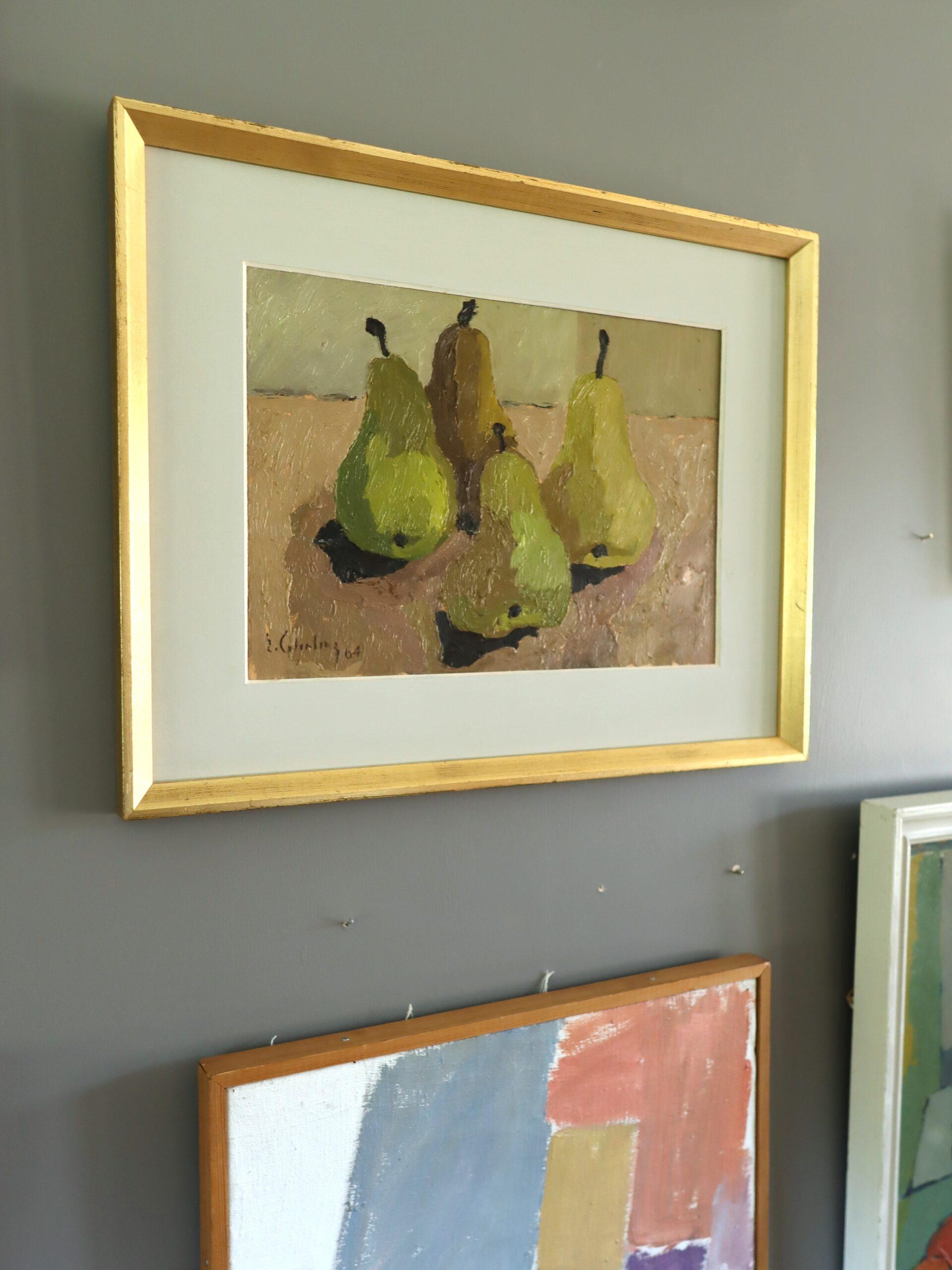 1964 Mid Century Modern Vintage Original Stillleben Ölgemälde - Birnenernte (Surrealismus), Painting, von Eric Cederberg