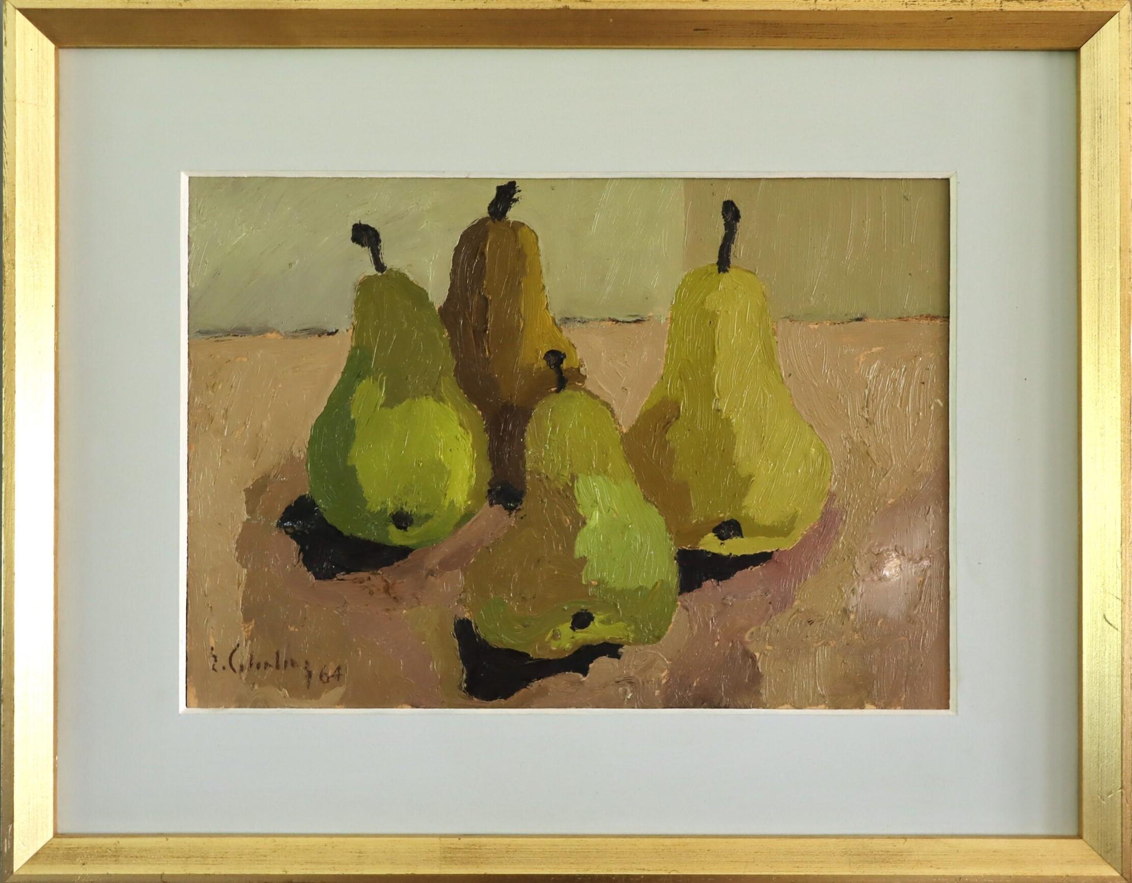 1964 Mid Century Modern Vintage Original Naturaleza Muerta Pintura al Óleo - Cosecha de peras