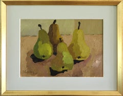 1964 Mid Century Modern Vintage Original Naturaleza Muerta Pintura al Óleo - Cosecha de peras