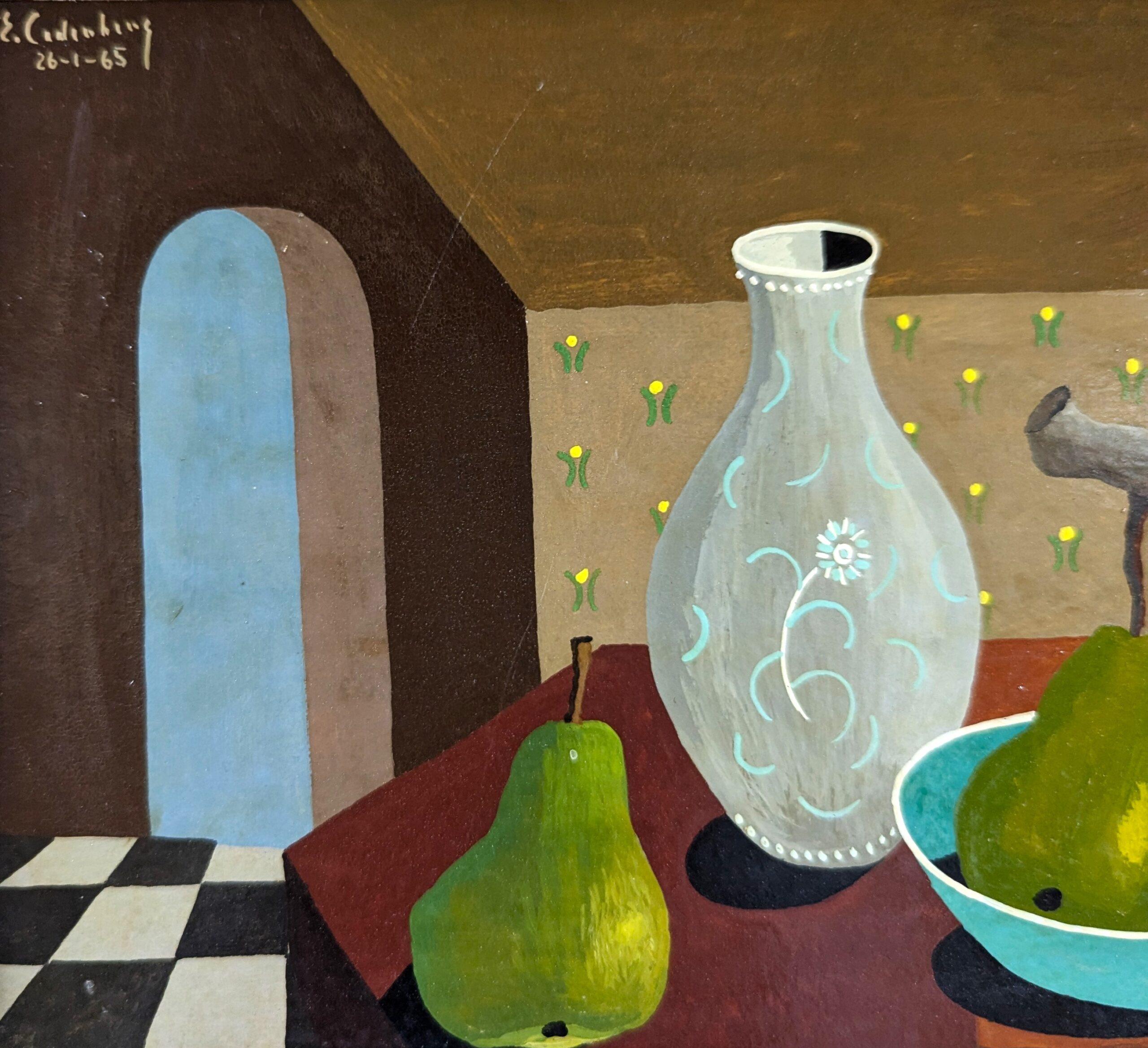 1965 Bodegón sueco moderno de mediados de siglo Pintura al temple - Peras y jarrón de cristal en venta 7