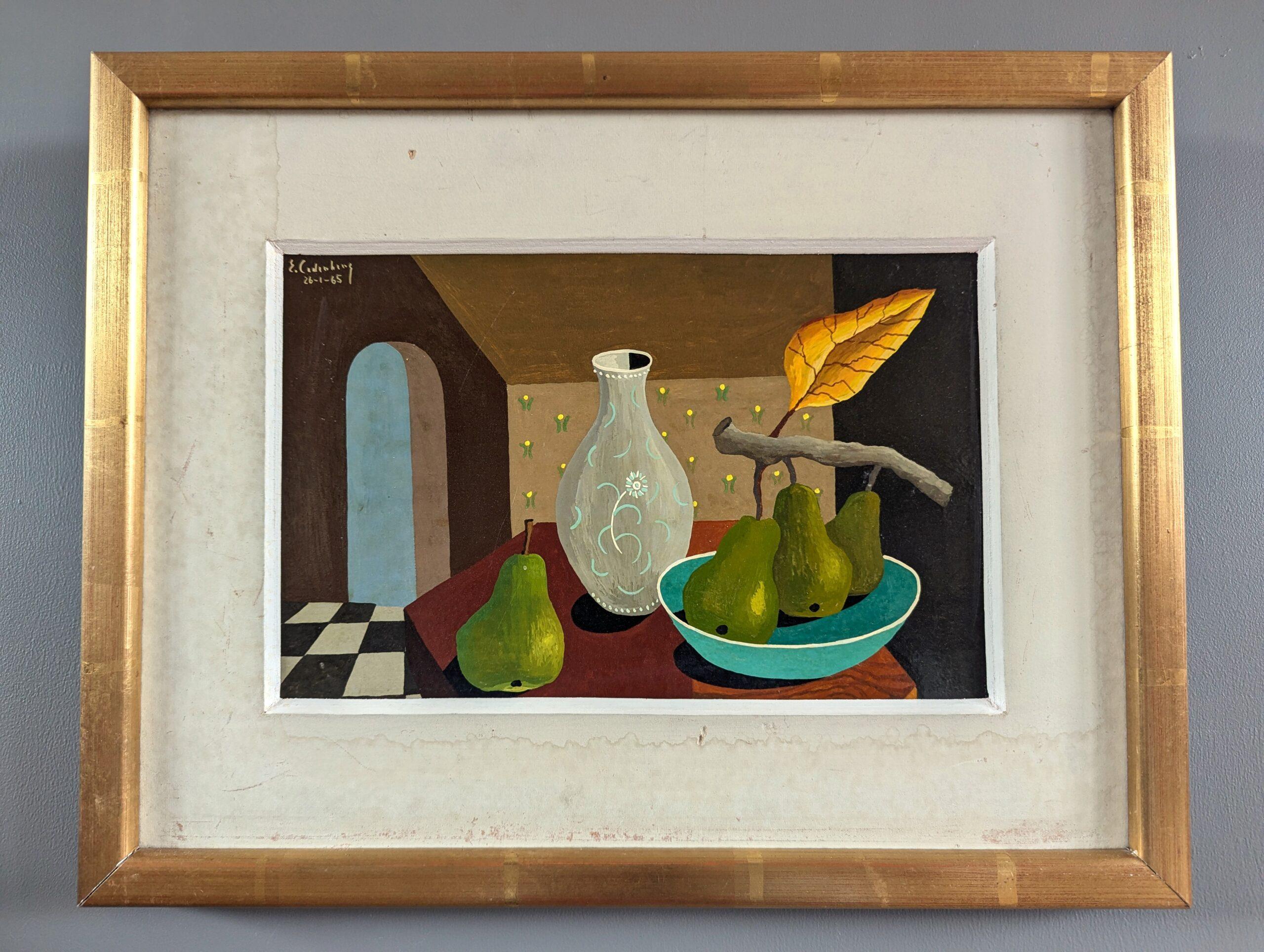 1965 Bodegón sueco moderno de mediados de siglo Pintura al temple - Peras y jarrón de cristal - Painting de Eric Cederberg