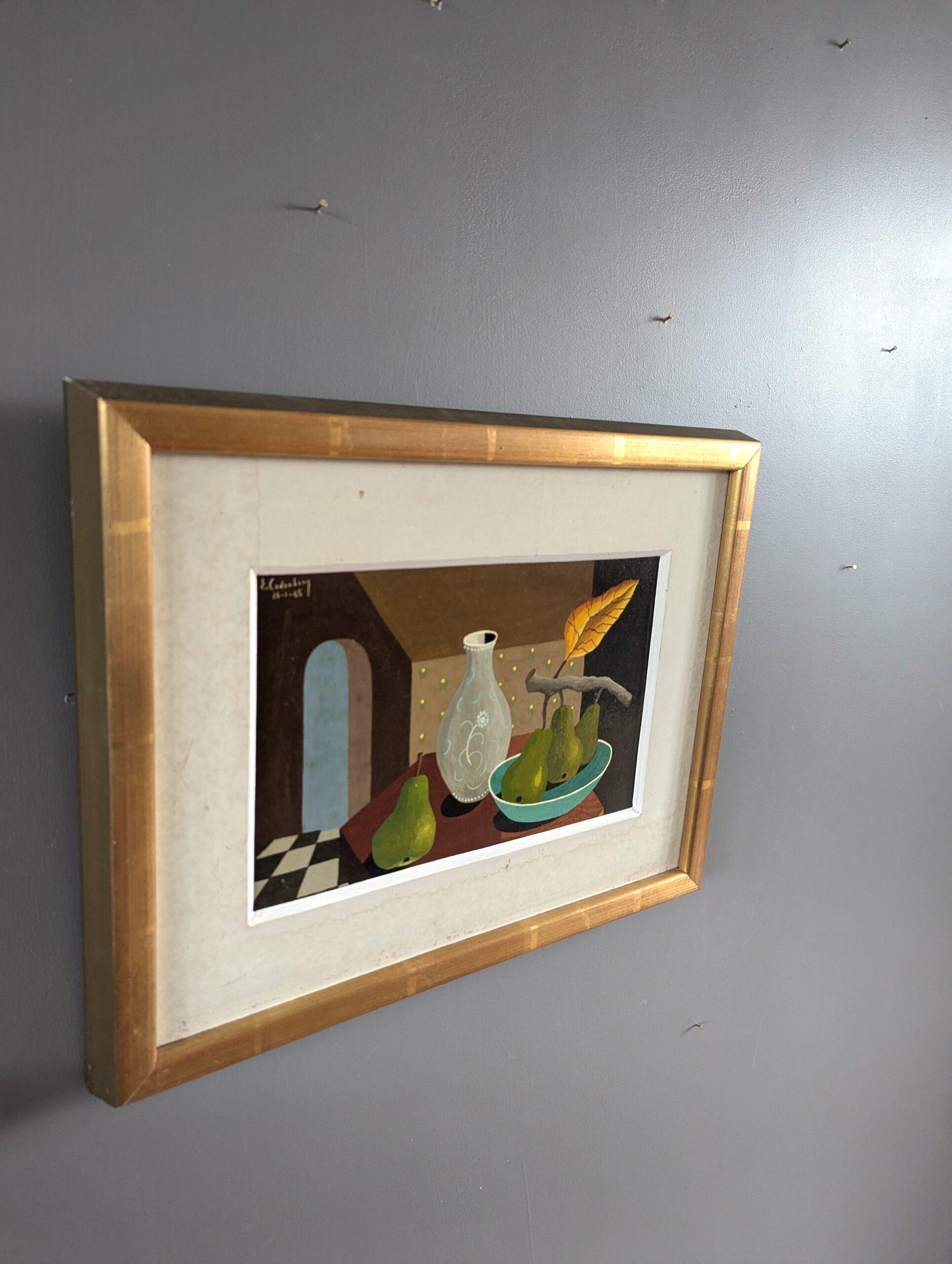 1965 Bodegón sueco moderno de mediados de siglo Pintura al temple - Peras y jarrón de cristal - Still-Life Painting Beige de Eric Cederberg