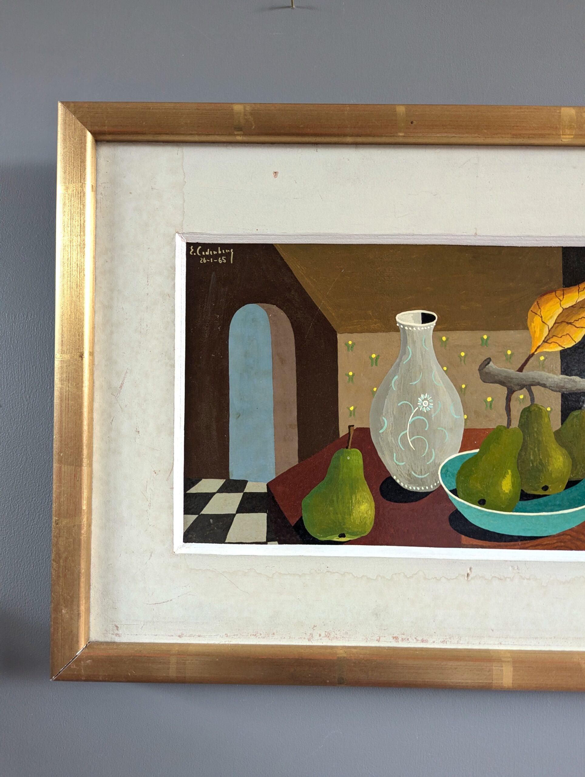 1965 Bodegón sueco moderno de mediados de siglo Pintura al temple - Peras y jarrón de cristal en venta 1