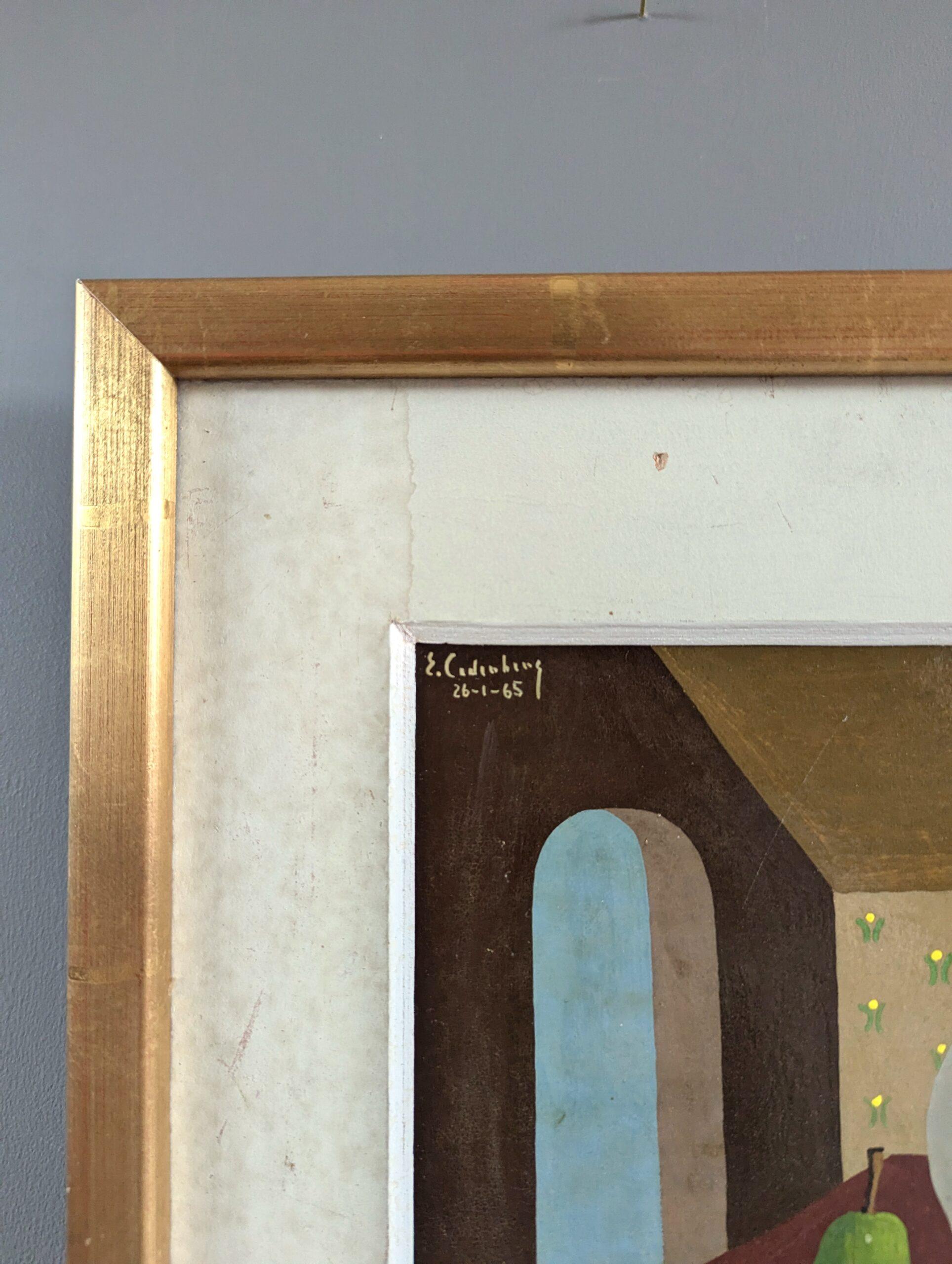 1965 Bodegón sueco moderno de mediados de siglo Pintura al temple - Peras y jarrón de cristal en venta 3