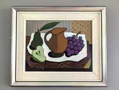 Original Surrealistisches Stillleben im Vintage-Stil, Temperagemälde, Trauben und Birnen, 1975