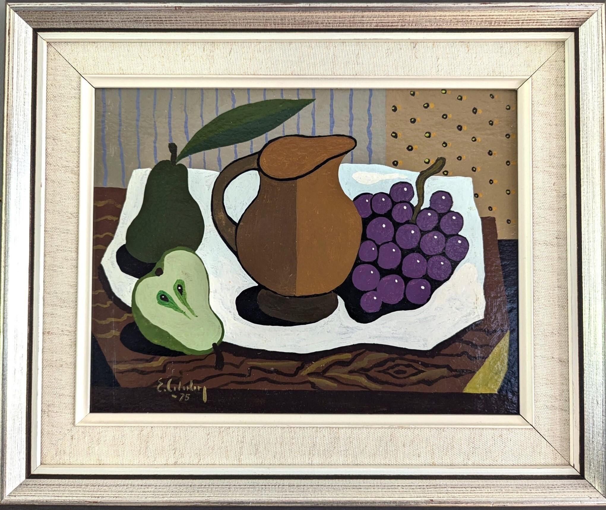 1975 Vintage Original Surrealista Naturaleza Muerta Pintura al temple - Uvas y Peras