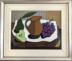 1975 Vintage Original Surrealist Still Life Tempera Painting - Grapes & Pears