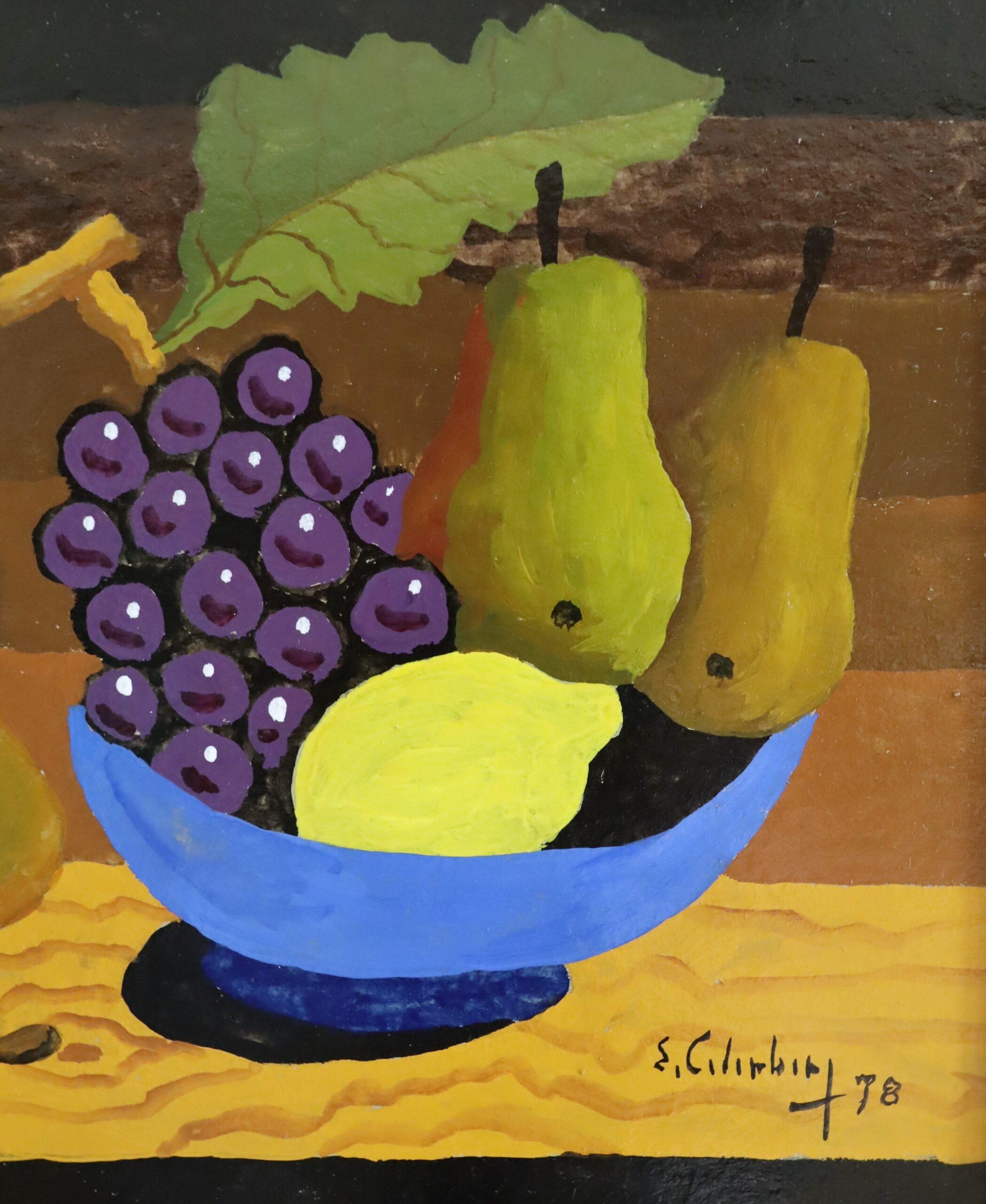 1978 Modernist Swedish Mini Still Life Tempera Painting - Blue Bowl & Pears For Sale 7