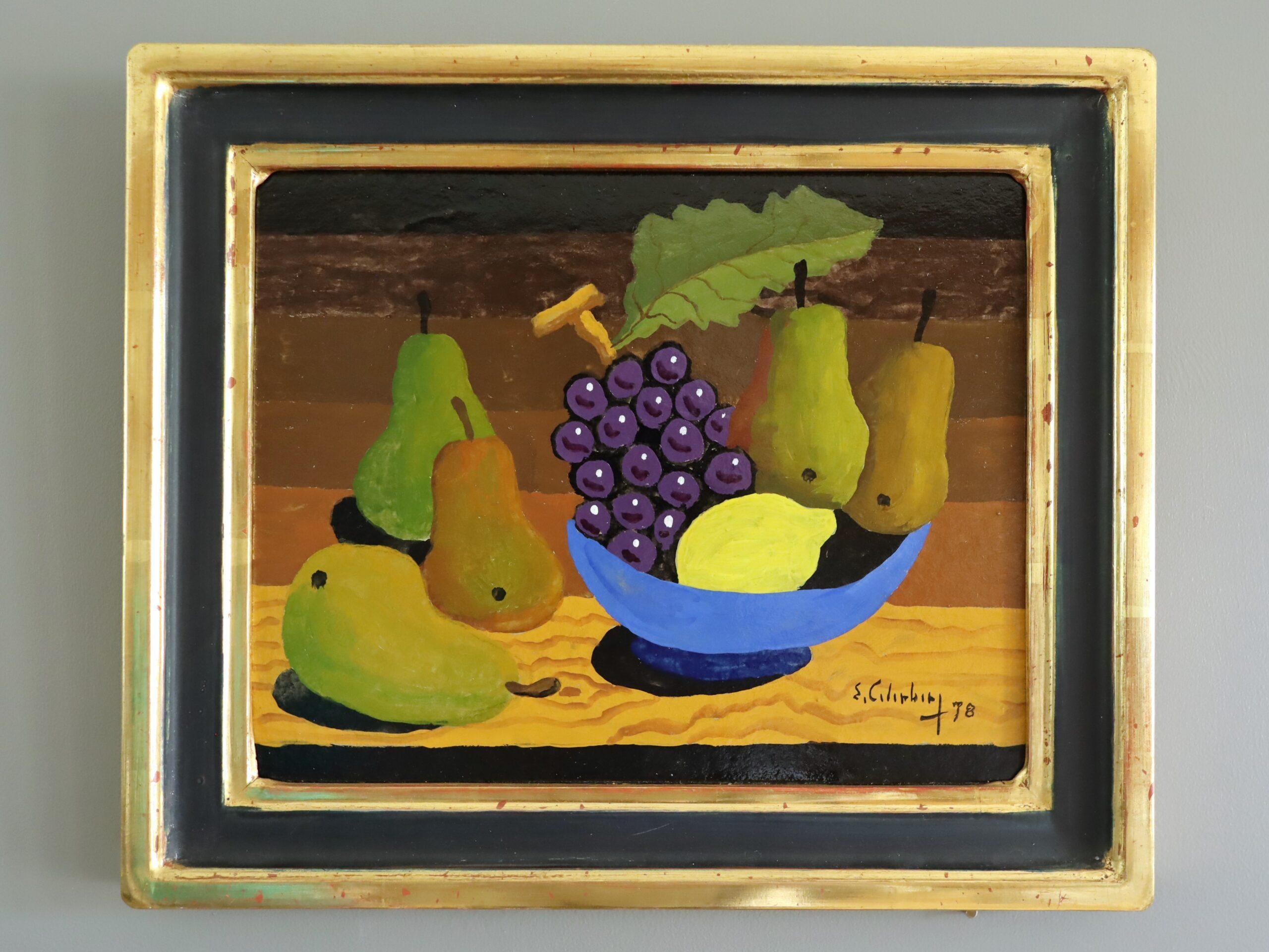 1978 Modernist Swedish Mini Still Life Tempera Painting - Blue Bowl & Pears - Black Still-Life Painting by Eric Cederberg