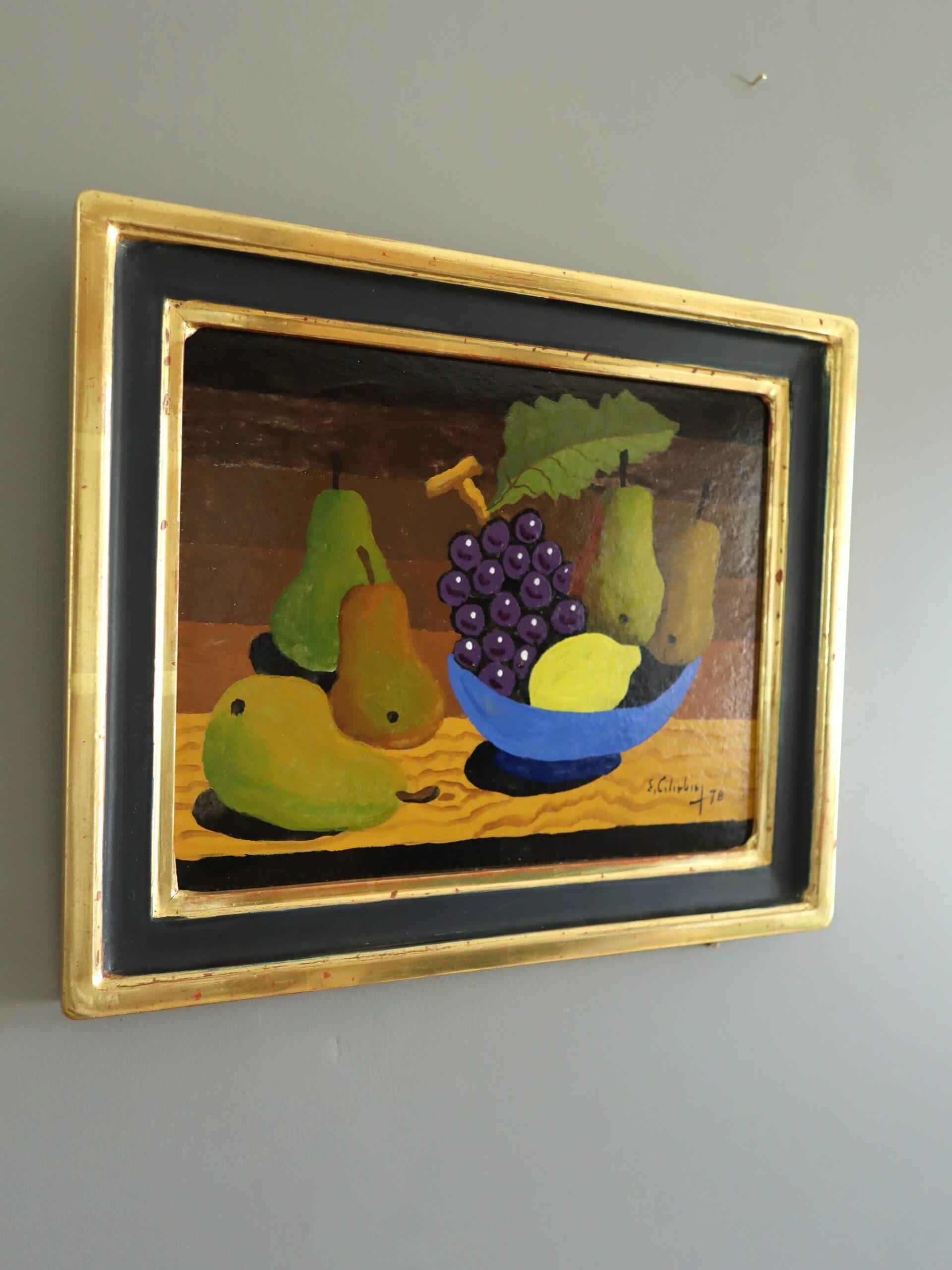1978 Modernist Swedish Mini Still Life Tempera Painting - Blue Bowl & Pears For Sale 1