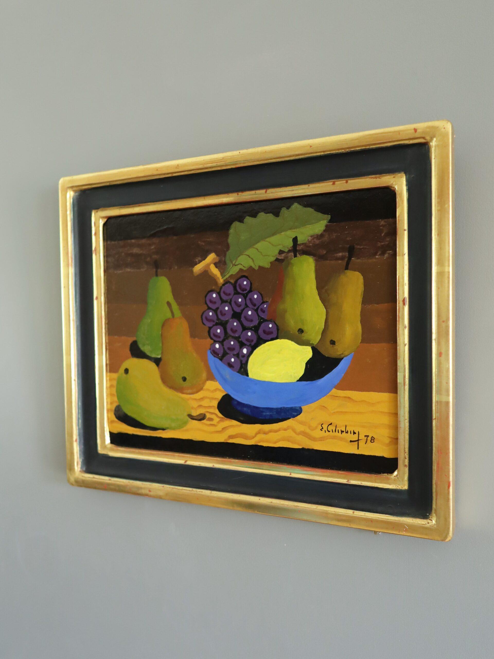 1978 Modernist Swedish Mini Still Life Tempera Painting - Blue Bowl & Pears For Sale 2