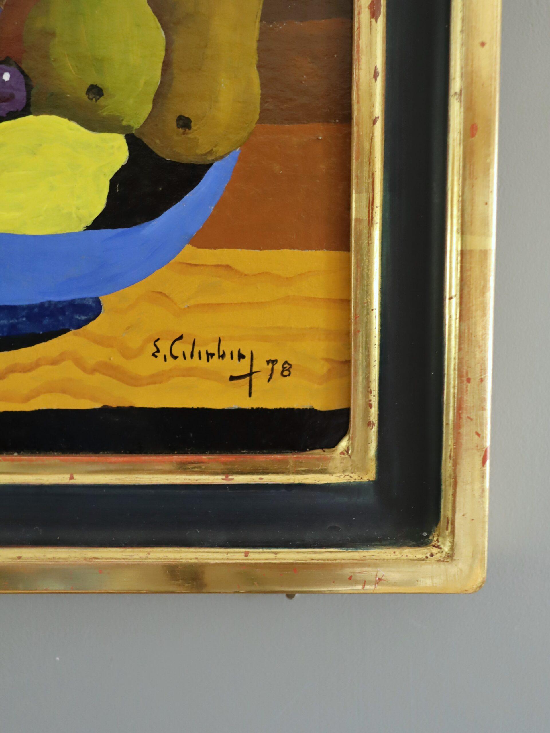 1978 Modernist Swedish Mini Still Life Tempera Painting - Blue Bowl & Pears For Sale 4