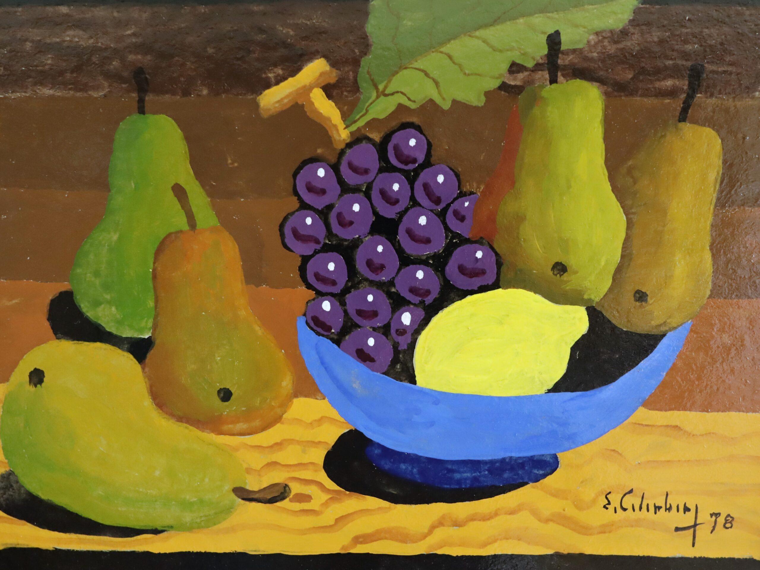 1978 Modernist Swedish Mini Still Life Tempera Painting - Blue Bowl & Pears For Sale 5