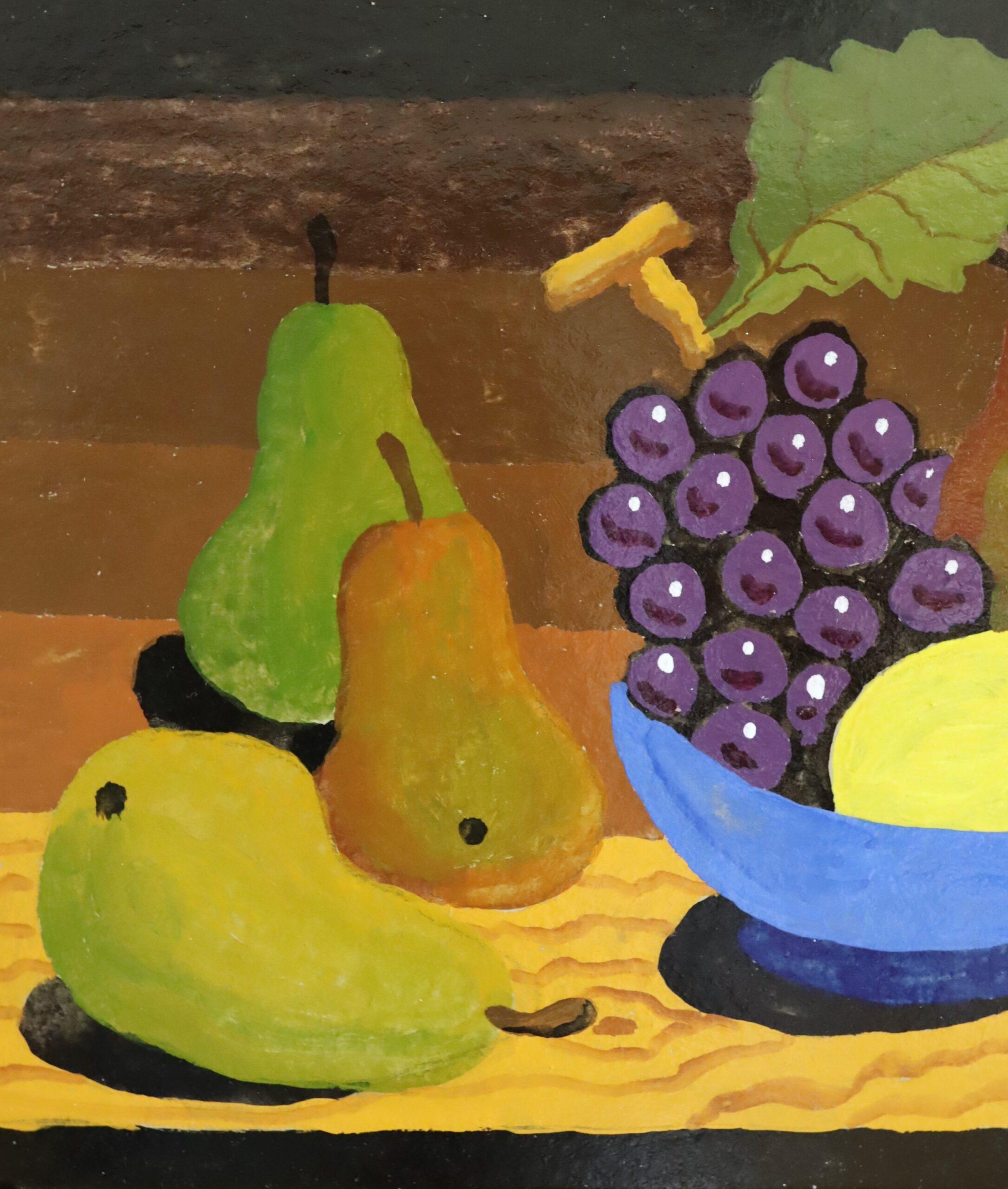 1978 Modernist Swedish Mini Still Life Tempera Painting - Blue Bowl & Pears For Sale 6