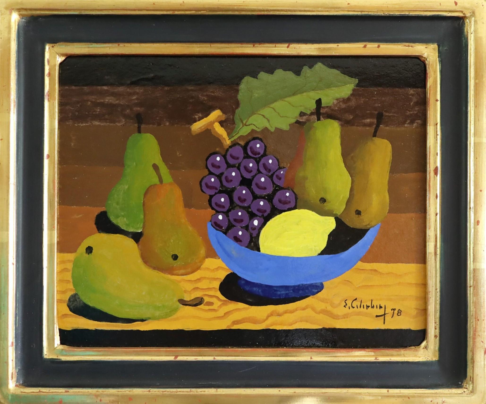 Eric Cederberg Still-Life Painting - 1978 Modernist Swedish Mini Still Life Tempera Painting - Blue Bowl & Pears