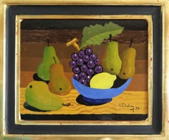 1978 Mini natura morta svedese modernista dipinta a tempera - Ciotola blu e pere