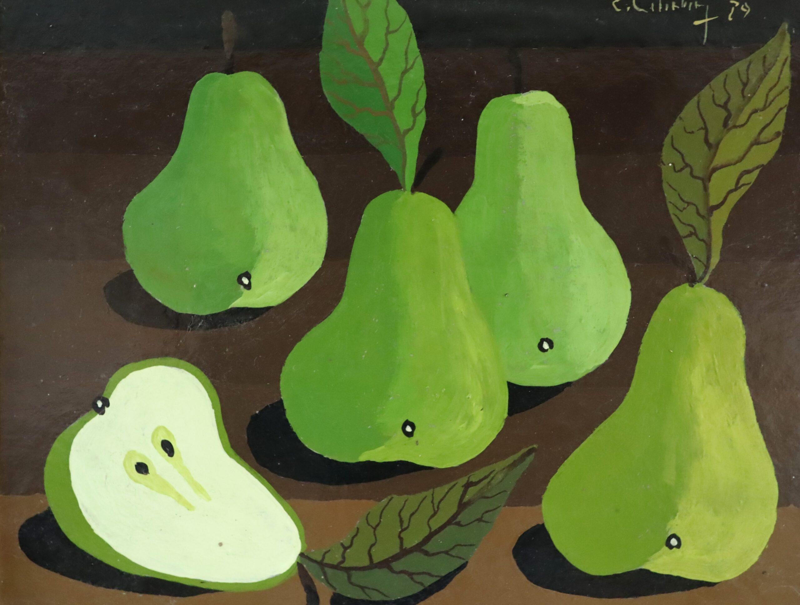 1979 Modernist Swedish Mini Still Life Tempera Painting - Green Pears on Table For Sale 7