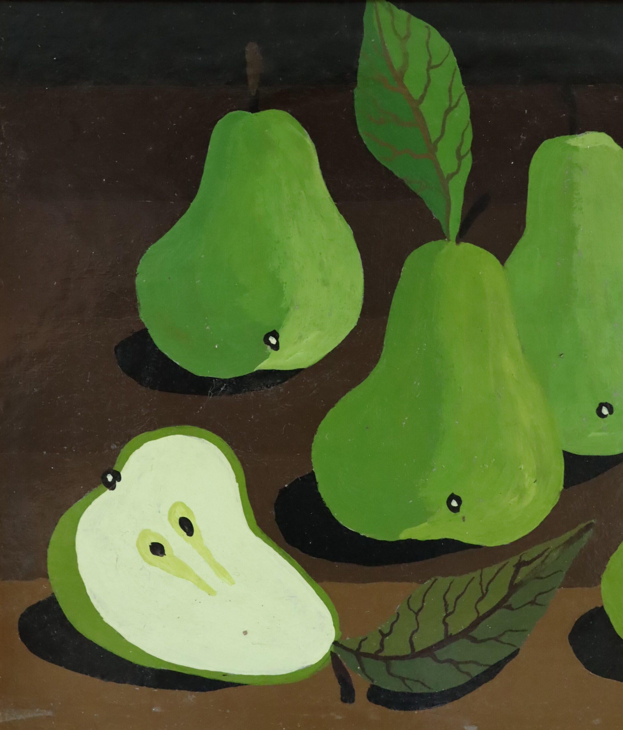 1979 Modernist Swedish Mini Still Life Tempera Painting - Green Pears on Table For Sale 8