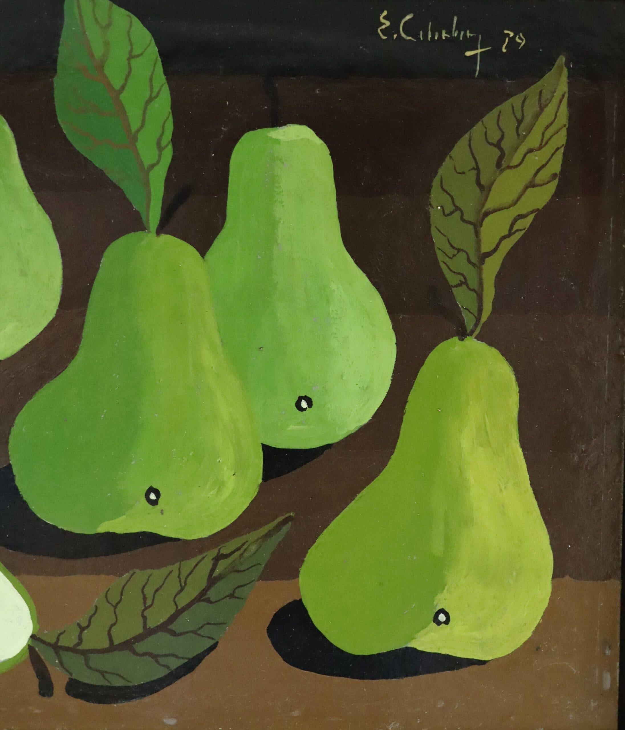 1979 Modernist Swedish Mini Still Life Tempera Painting - Green Pears on Table For Sale 9