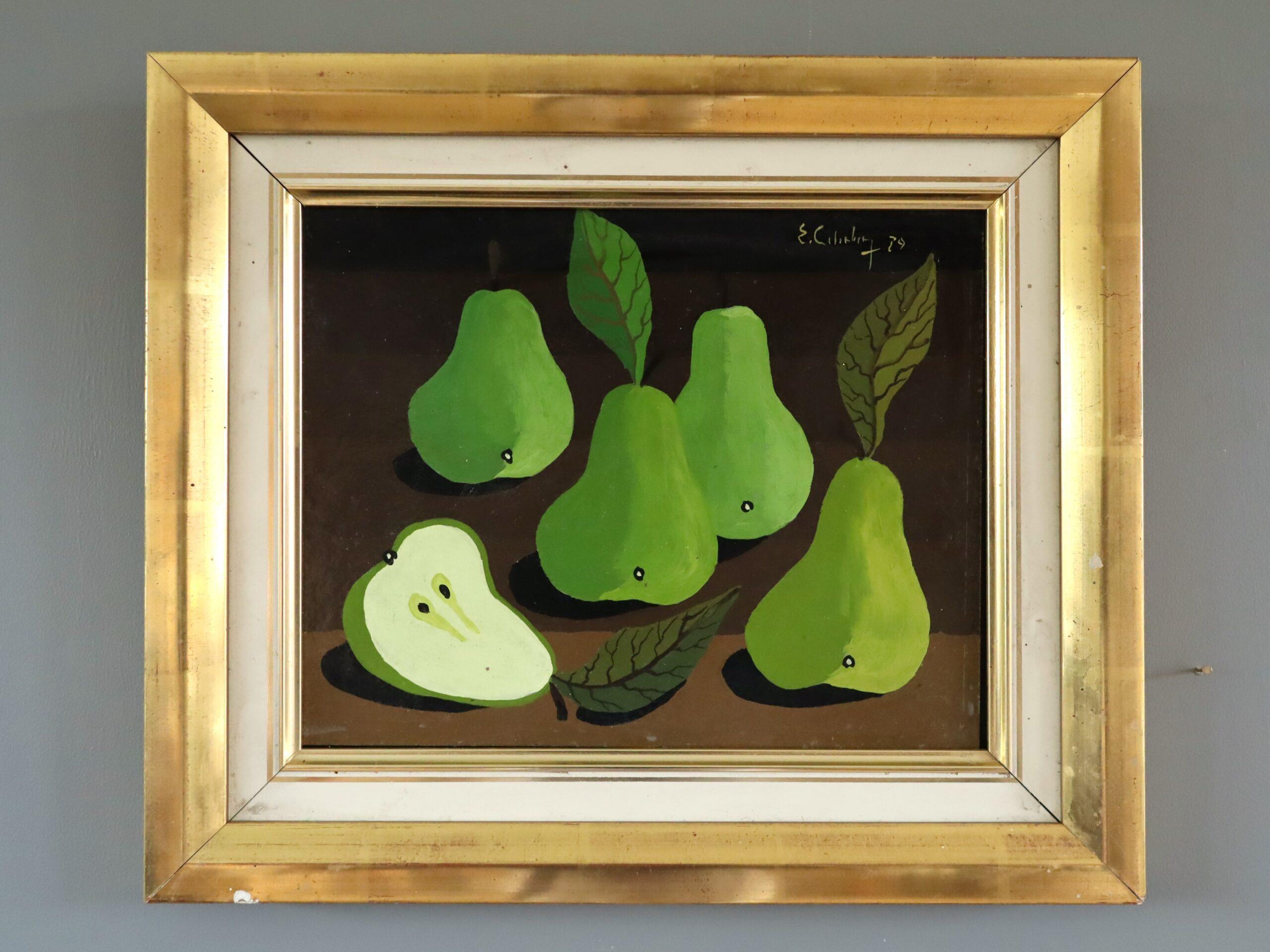 1979 Modernist Swedish Mini Still Life Tempera Painting - Green Pears on Table - Brown Still-Life Painting by Eric Cederberg