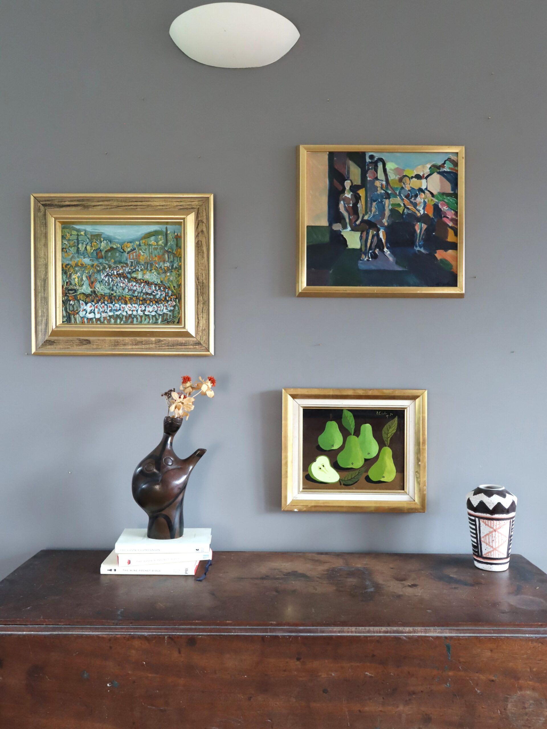 GREEN PEARS ON TABLE
Size: 19 x 24 cm (including frame)
Tempera on board

A charming and characterful still life composition executed in tempera on board in 1979, by the established Swedish artist Eric Cederberg (1897-1984), whose artworks have been