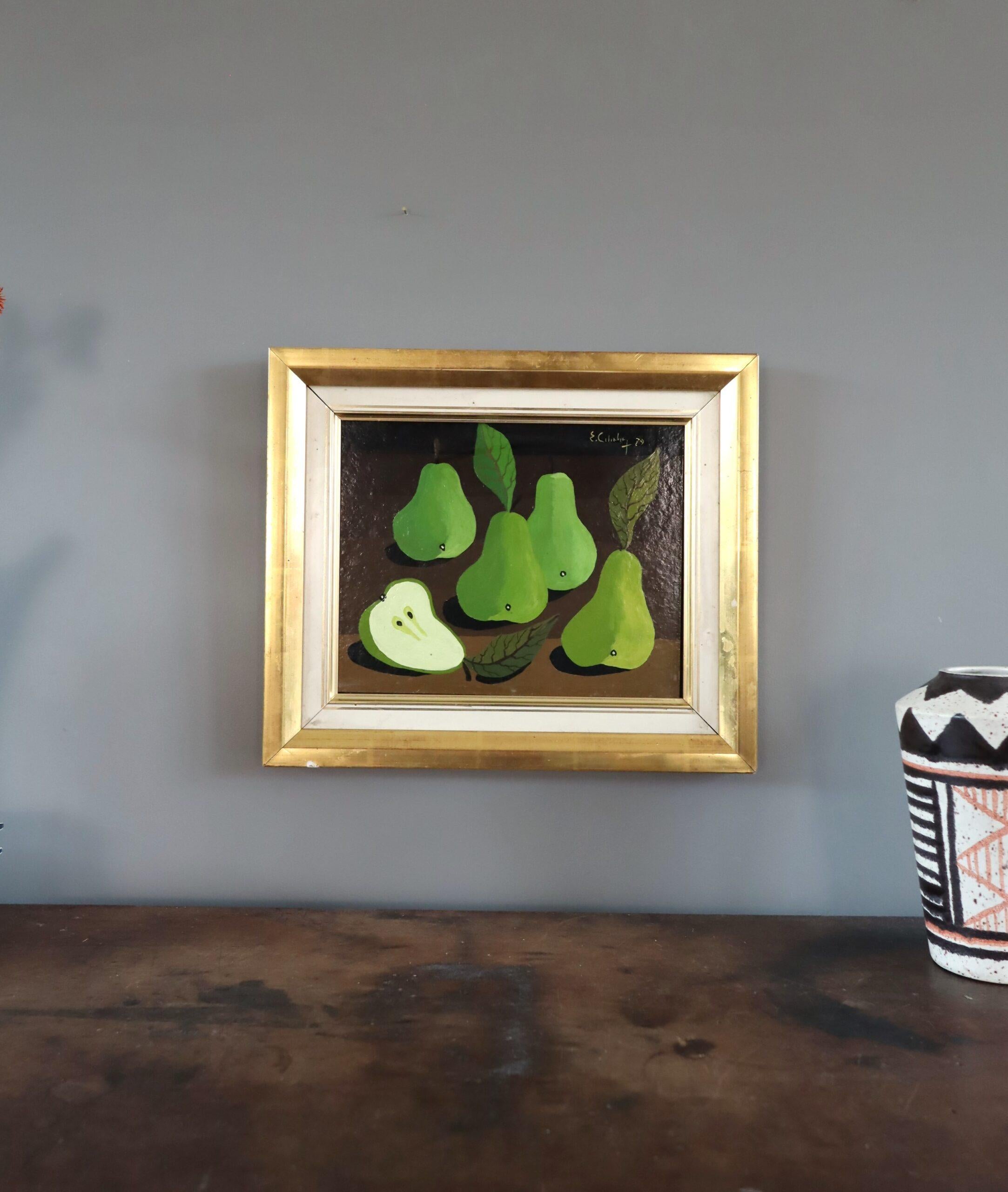 1979 Modernist Swedish Mini Still Life Tempera Painting - Green Pears on Table For Sale 1