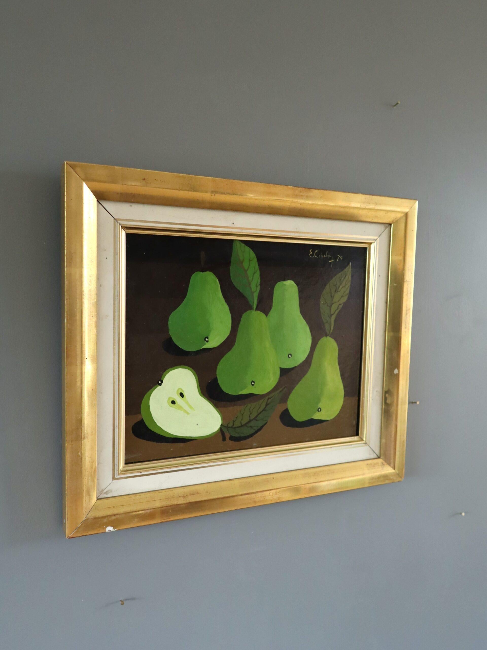 1979 Modernist Swedish Mini Still Life Tempera Painting - Green Pears on Table For Sale 2