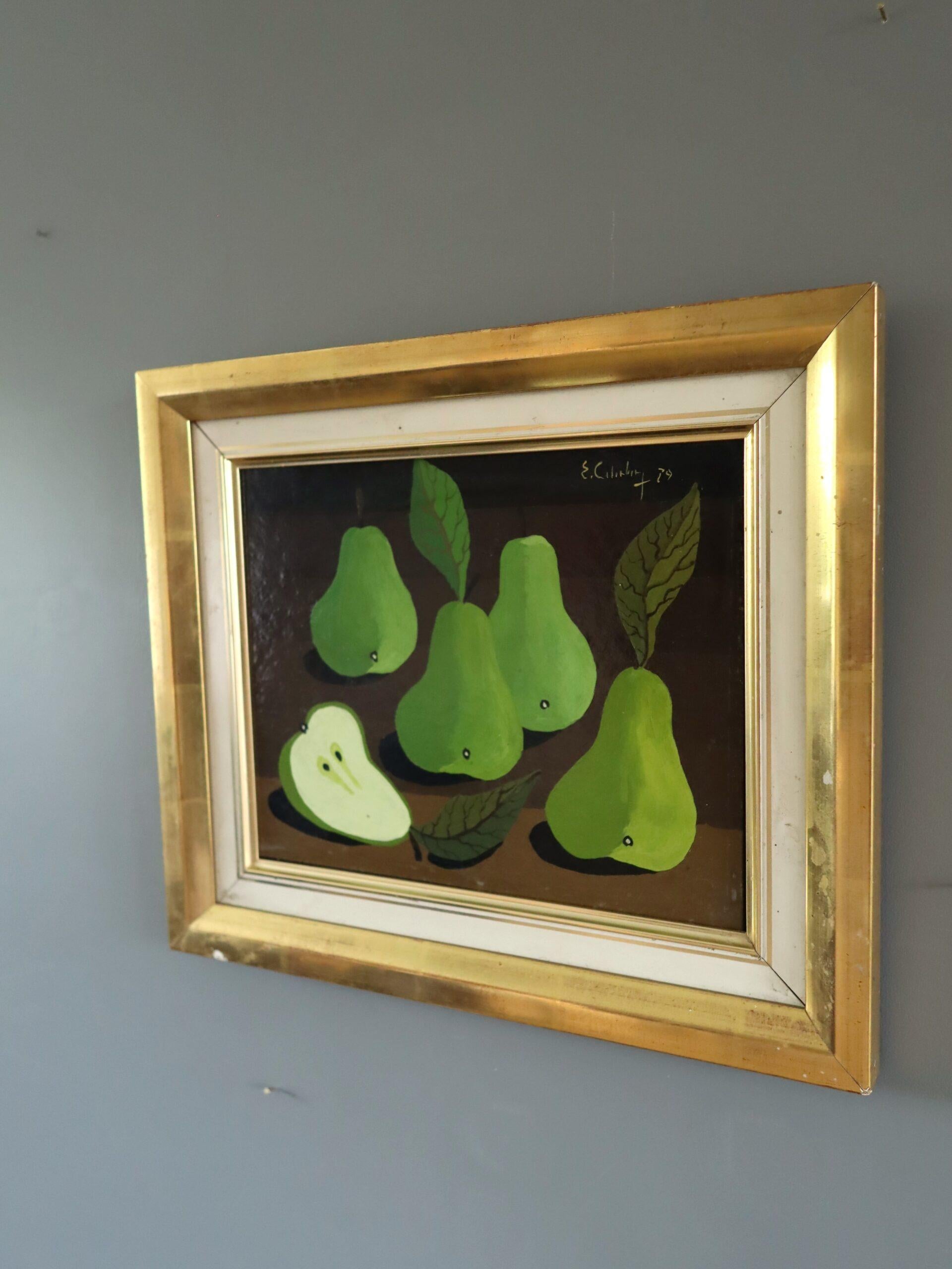 1979 Modernist Swedish Mini Still Life Tempera Painting - Green Pears on Table For Sale 3