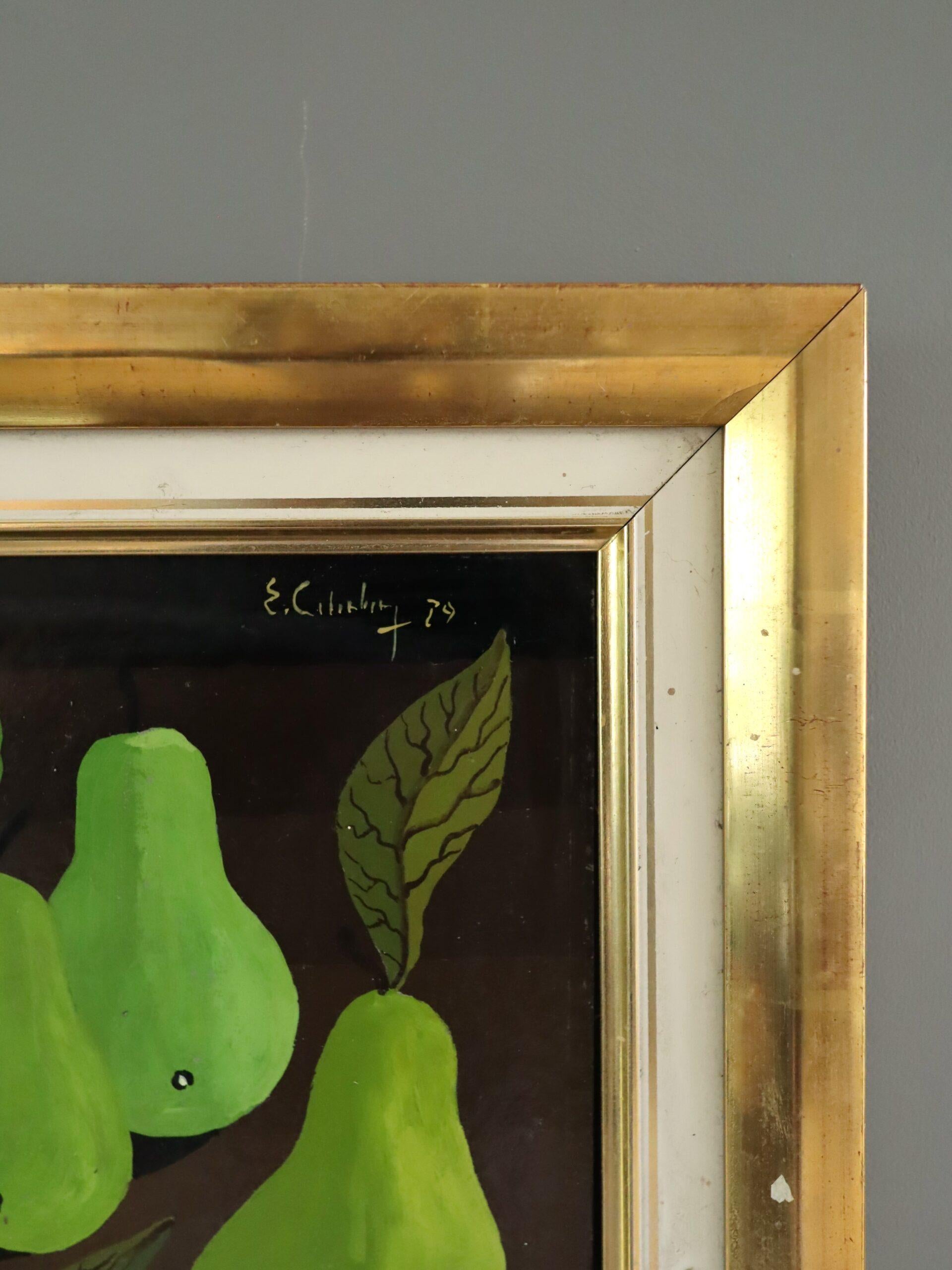 1979 Modernist Swedish Mini Still Life Tempera Painting - Green Pears on Table For Sale 5