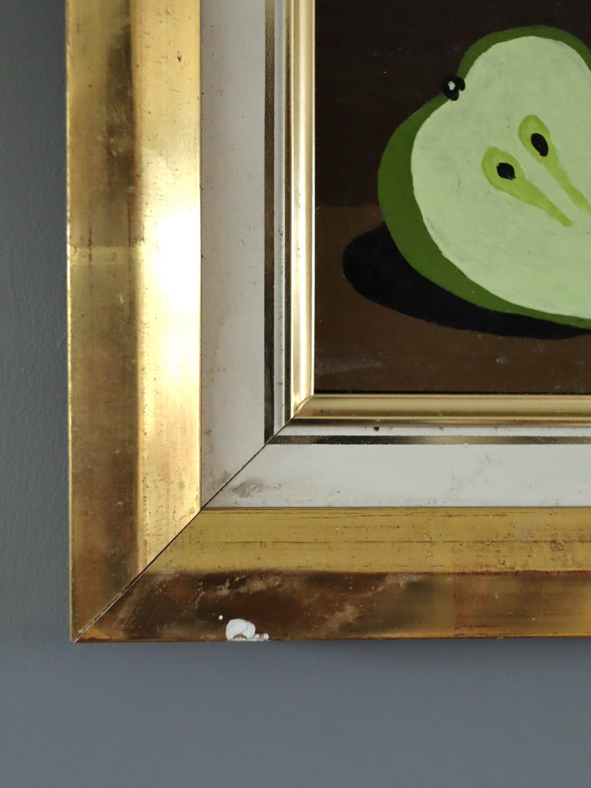 1979 Modernist Swedish Mini Still Life Tempera Painting - Green Pears on Table For Sale 6