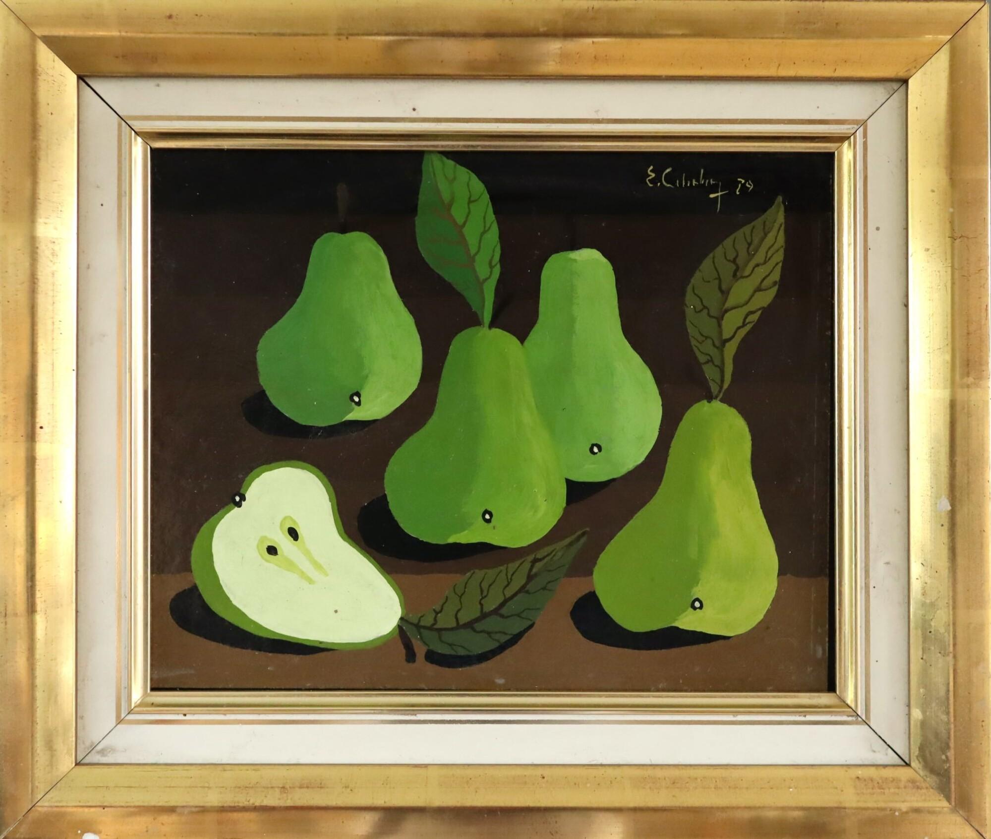 1979 Modernistisches schwedisches Mini-Stillleben Temperamalerei - Grüne Birnen auf Tisch