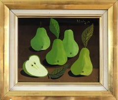 1979 Mini natura morta svedese modernista dipinta a tempera - Pere verdi sul tavolo
