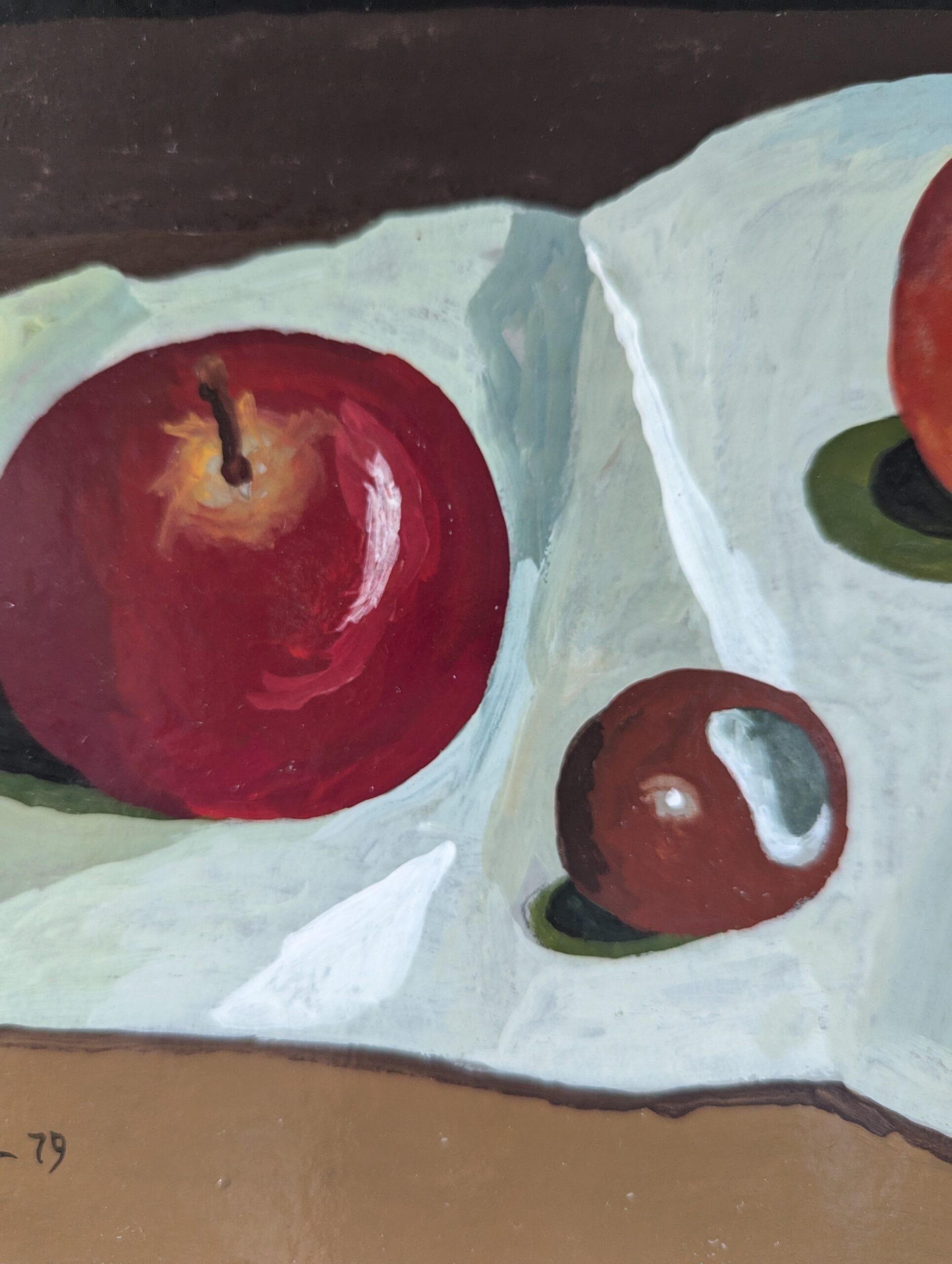 1979 Tempera Modernista - Natura morta d'epoca - Frutti su tela bianca in vendita 5