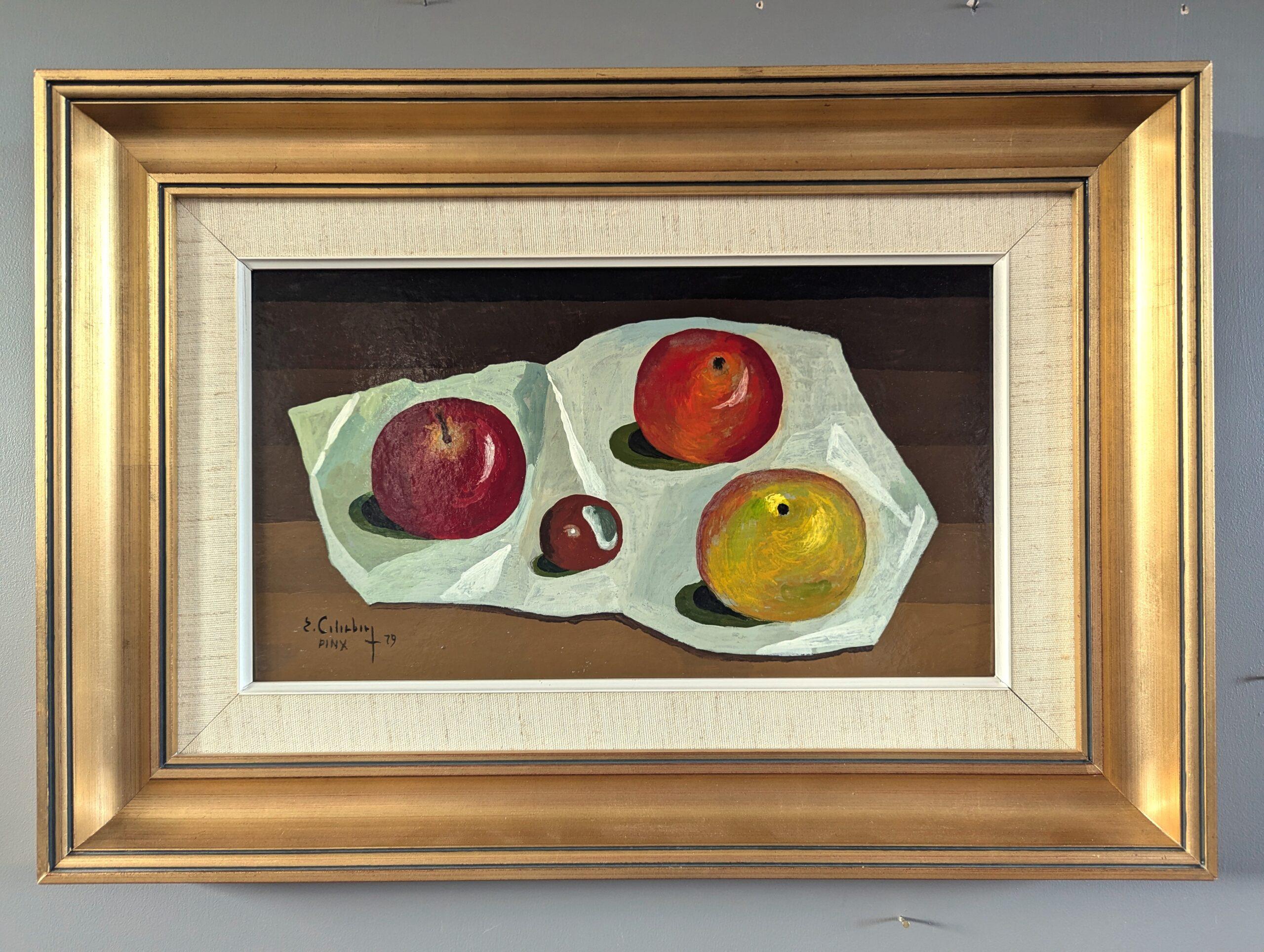 1979 Tempera Modernista - Natura morta d'epoca - Frutti su tela bianca - Painting di Eric Cederberg