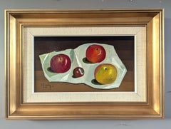 1979 Modernista Vintage Naturaleza Muerta Pintura al temple - Frutas sobre tela blanca