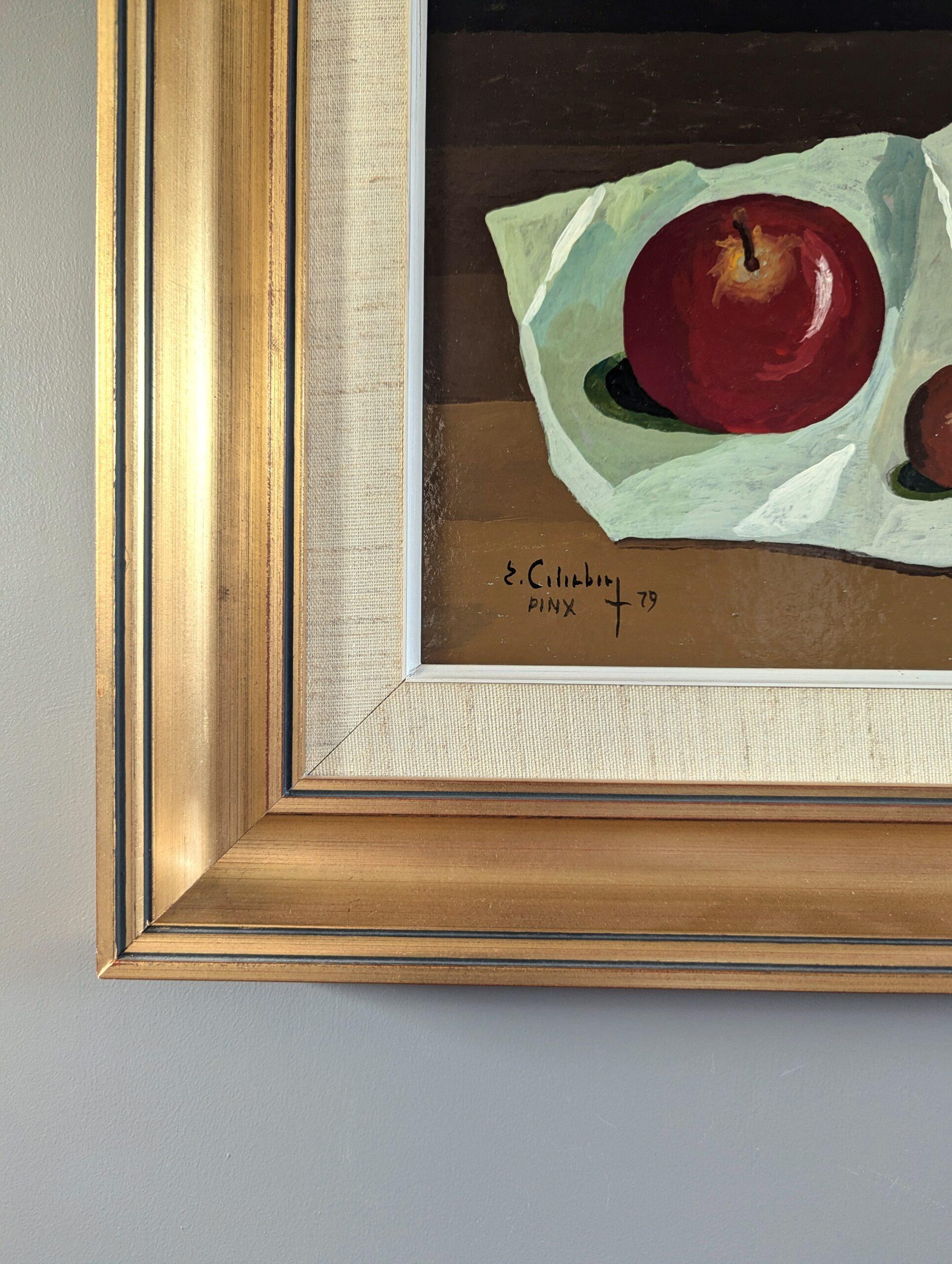 1979 Tempera Modernista - Natura morta d'epoca - Frutti su tela bianca in vendita 2