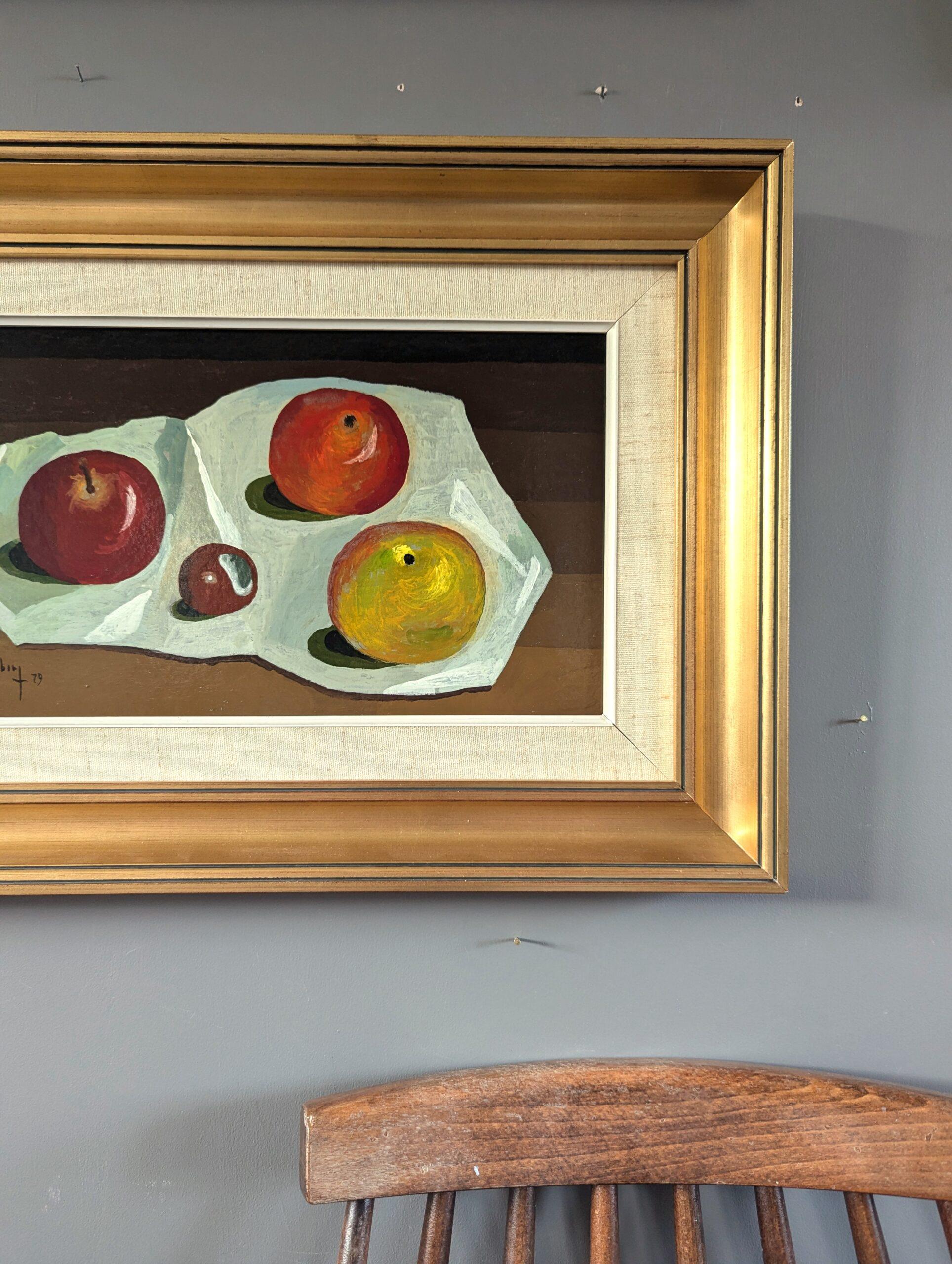 1979 Tempera Modernista - Natura morta d'epoca - Frutti su tela bianca in vendita 3