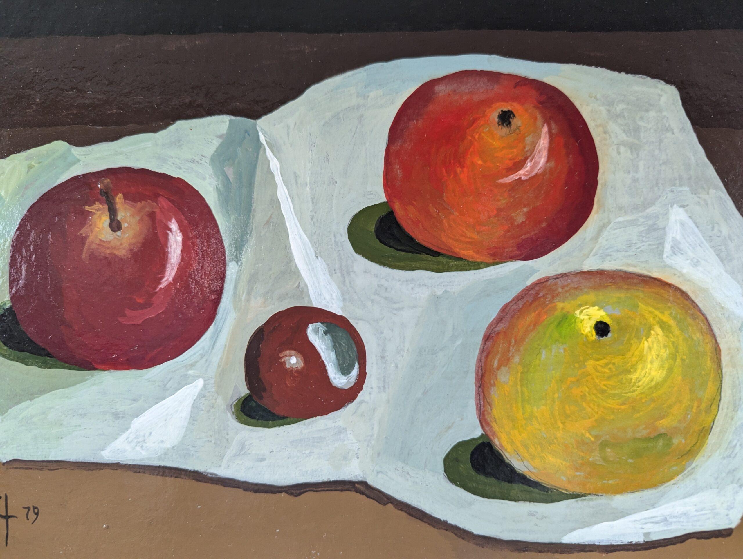 1979 Tempera Modernista - Natura morta d'epoca - Frutti su tela bianca in vendita 4